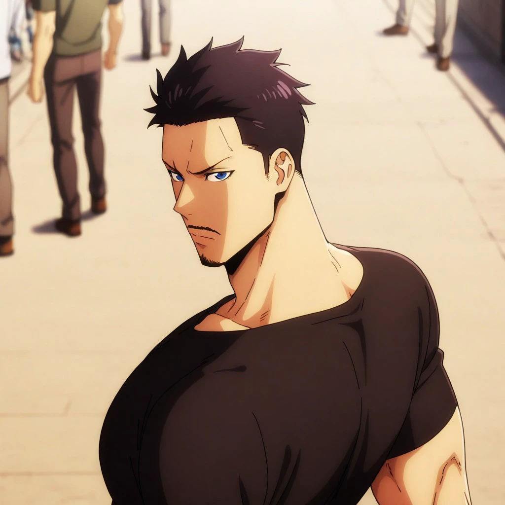 masterpiece, best quality, absurdres, highly detailed, sharp, high quality, detailed, 8k, lineart, illustration, RREAK anime screencap, anime coloring, vibrant, colorful,
from above, side view, street, alley, crowd, silhouettes,
Soft, depth of field, gradual blur, huge body, big muscular,
anime screencap, anime coloring,
Pleading eyes, pleading expression, strong man,
very short hair, black hair, zoro hairstyle,
lightblue eyes, black mustache, male focus, 1man, black goatee, black hair, muscular, black t-shirt, blue sky background, anime, flat colors, looking_at_viewer