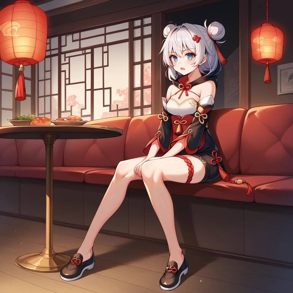 score_9_up, score_8_up, score_7_up, source_anime, 1girl, solo, Chinese restaurant, Chinese interior, sitting on couch, hands between thighs, looking at you, pouting, open mouth, detailed background, lantern, dimmed light, full body, feet not reaching the floor, restaurant interior, table, food on table, theresa apocalypse, white hair, blue eyes, Teri, Fol001, Tr_Suh, hair buns, double hair bun, puffy shorts, black shorts, black shoes, detached sleeves, bare shoulders, hood down, red ribbon, chinese clothes, wide sleeves, long sleeves, alt black sleeves, red tassel, red thigh strap, bell, tassel hair ornament, black hood, hood down, neck ribbon, halter top, strapless shirt, white shirt, print shirt,