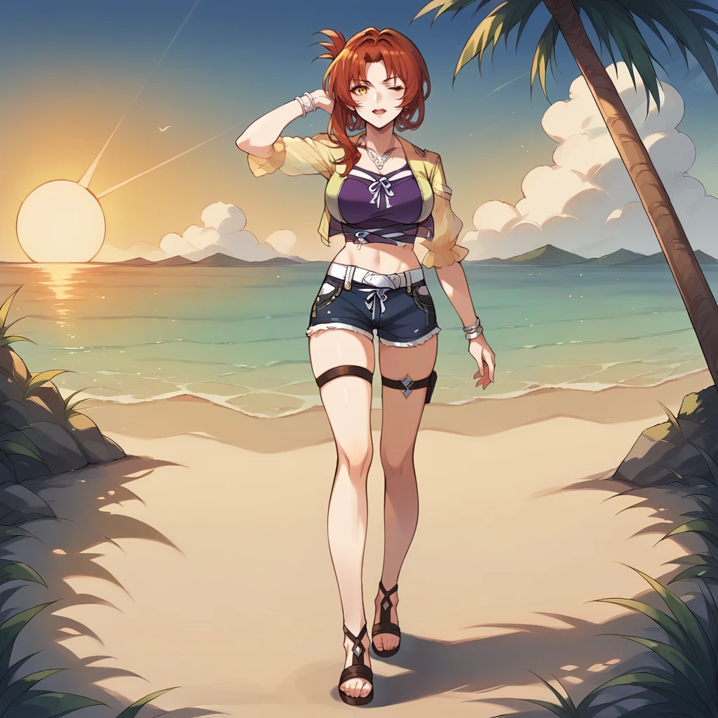 score_9_up, score_8_up, score_7_up, source_anime, 1girl, solo, sun light, clouds, sky, hand behind head, open mouth, one eye closed, looking at you, walking, full body, palm tree, shadow, curious, sandals, HimekoHi3, Fol002, murata himeko, red hair, yellow eyes, Hmk_Sum, white belt, denim shorts, blue shorts, white ribbon, crop top, purple shirt, alternative cropped jacket, see-through jacket, yellow jacket, short sleeves, yellow sleeves, purple ribbon, necklace, bracelet, jewelry, see-through sleeves, frilled sleeves, thigh strap, mature body, dynamic cowboy shot,