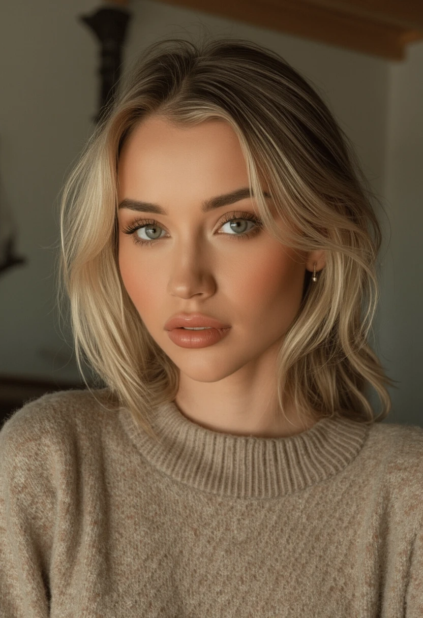 MikaylaDemaiter, 8k, 4k. Ultra high definition and ultra realistic and ultra high quality portrait photo of an incredibly beautiful woman. She is wearing a sweater and staring at the viewer intently.