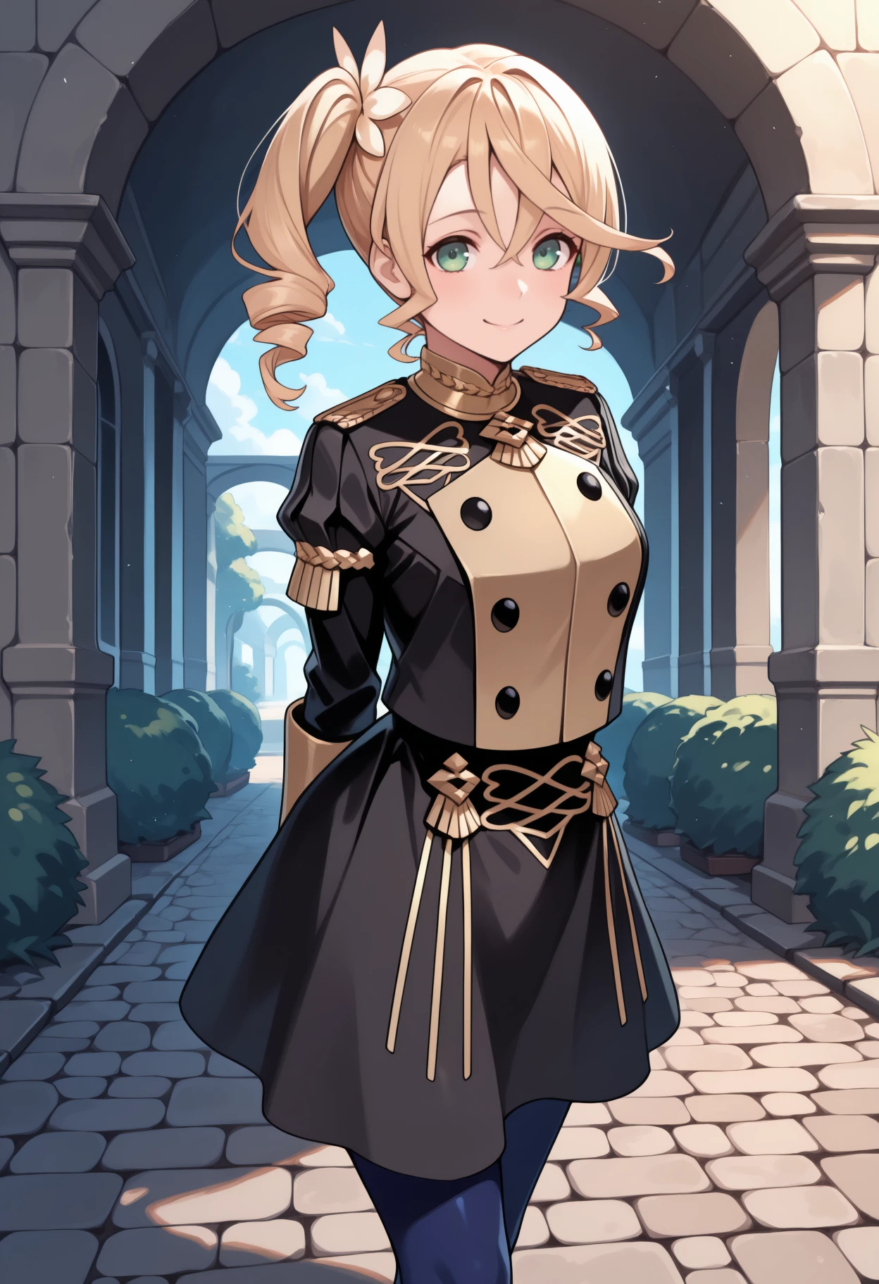 masterpiece, best quality, solo, 1girl, al1sharnd, smile, looking at viewer, standing, arms behind back, long hair, blonde hair, hair between eyes, drill hair, side ponytail, green eyes, gmuniform1, black jacket, gold trim, puffy sleeves, black buttons, black skirt, blue pantyhose, outdoors, day, arch, bush, cobblestone
<segment:yolo-Anzhc Face seg 640 v2 y8n.pt,0.4,0.5//cid=1>