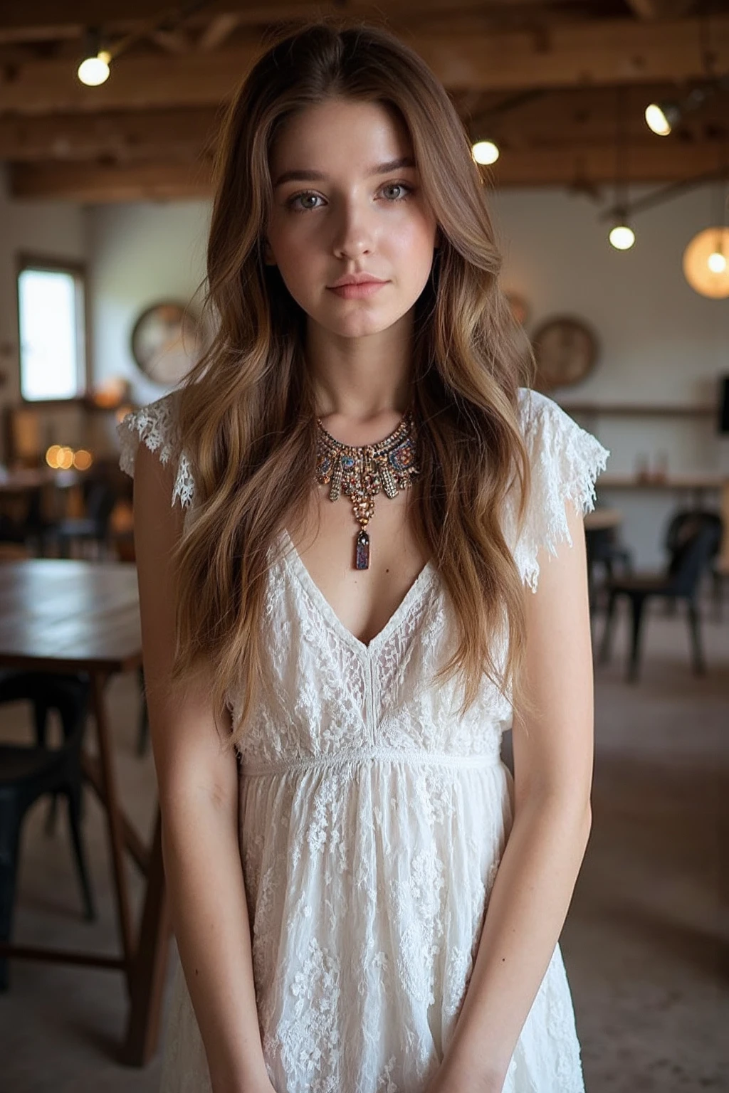 bright photo of beautiful girl with long wavy hair wearing bohemian dress, inside a rustic house, necklace, dslr, studio lighting, high quality,  light reflections, blood vessels, pale skin, detailed skin, <lora:flux_realism_lora:1>,<lora:makinaflux_angelinadanilova_v1.0:1>