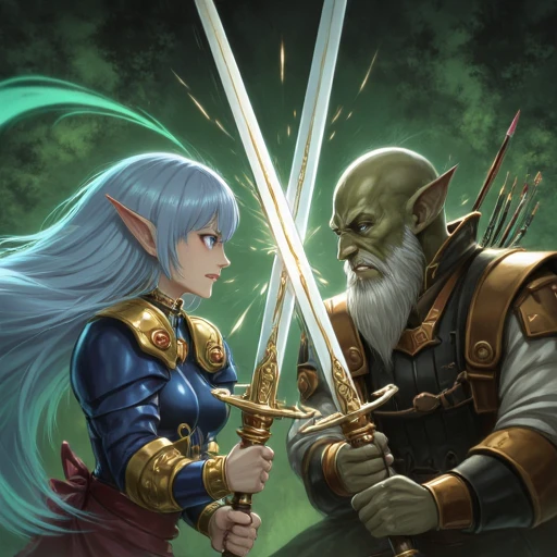 Anime style image of battle scene where two sword wielding characters clash their blades against each other the character on left is a hauntingly beautiful woman. The artwork is rendered in a digital medium, likely using software like Adobe Photoshop or Illustrator, with a focus on vibrant, glowing, and swirling effects. The woman has long, flowing hair that appears to be made of a glowing, ethereal substance, with colors shifting between various shades of teal and green, creating a mesmerizing, almost liquid-like texture. the character on the right is green skined gremlin with long white beard, gremlin hold a big brush that is bigger then him, the brush is stained with paint, the gremlin is dressed in renaissance clothing resembling leonardo Da Vinci and an apron, also wears multiple pouches with smaller brushes and sculpting tools sticking out of them