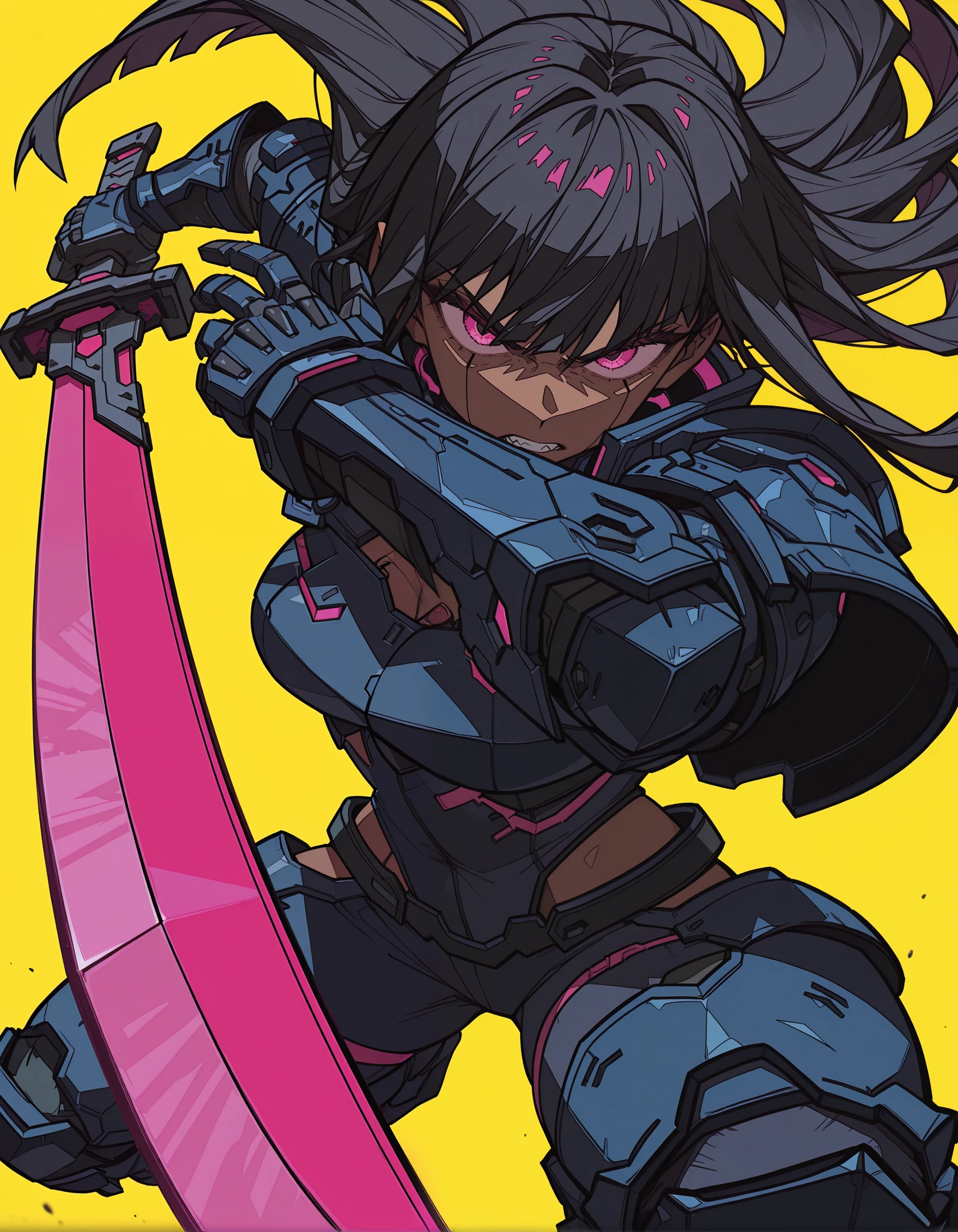 incredibly absurdres, masterpiece, absurdres, high quality,7A3IFRHPR_illu, <lora:hwm4to7A3IFRHPR:1>,Anime warrior girl, dark skin, glowing pink eyes, long black hair,holding sword, intricate armor, futuristic cyberpunk design, blue and pink accents, sword, metallic details, dynamic pose, intense expression, yellow background, sharp angular style, high contrast, detailed illustration, digital art