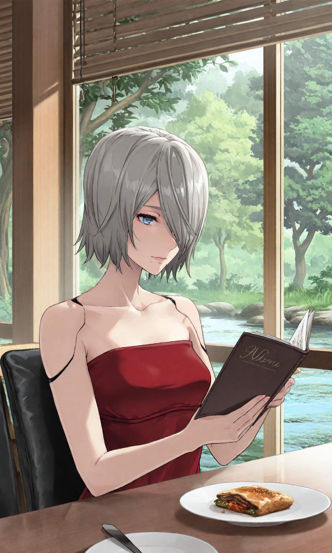 a2yorha, 1girl, solo, blue eyes, short hair, hair over one eye, red dress, casual, restaurant, interior, indoors, table, sitting, bare shoulders, strapless, robot joints, upper body, (pale skin:0.5), mature female, holding menu, reading, plate, window, tree, nature, river, 
(masterpiece, best quality:1.2), amazing quality, very aesthetic, high resolution, ultra-detailed, absurdres, newest, scenery, volumetric lighting