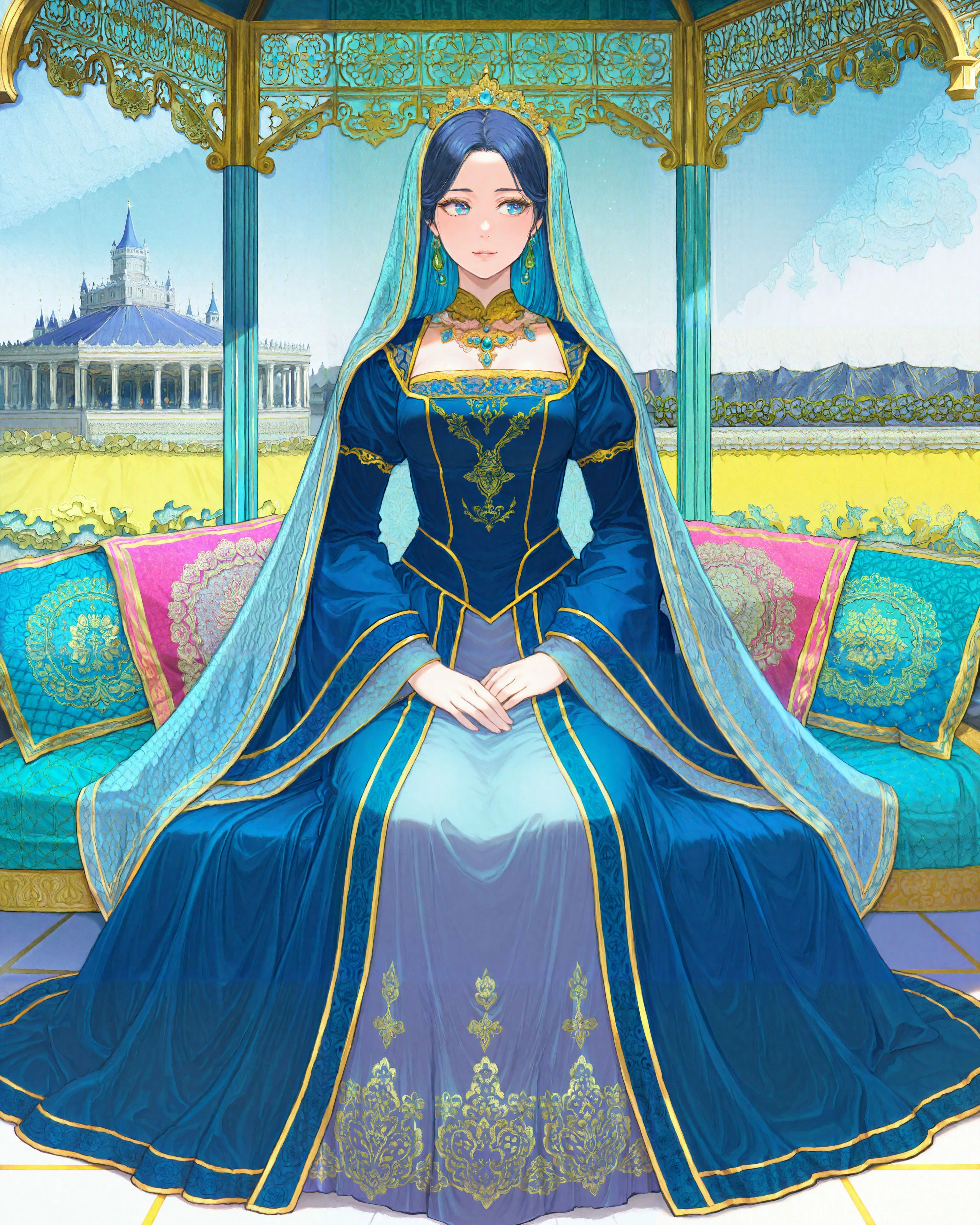 extremely detailed, jacquard fabric, intricate embroidery, masterpiece, highest quality, absurdres, digital art, very detailed, 8k, best quality, high resolution, <lora:Medieval_Fashion_Illustrious:1.2>, <lora:sigama_style_v2_illustrious:1>