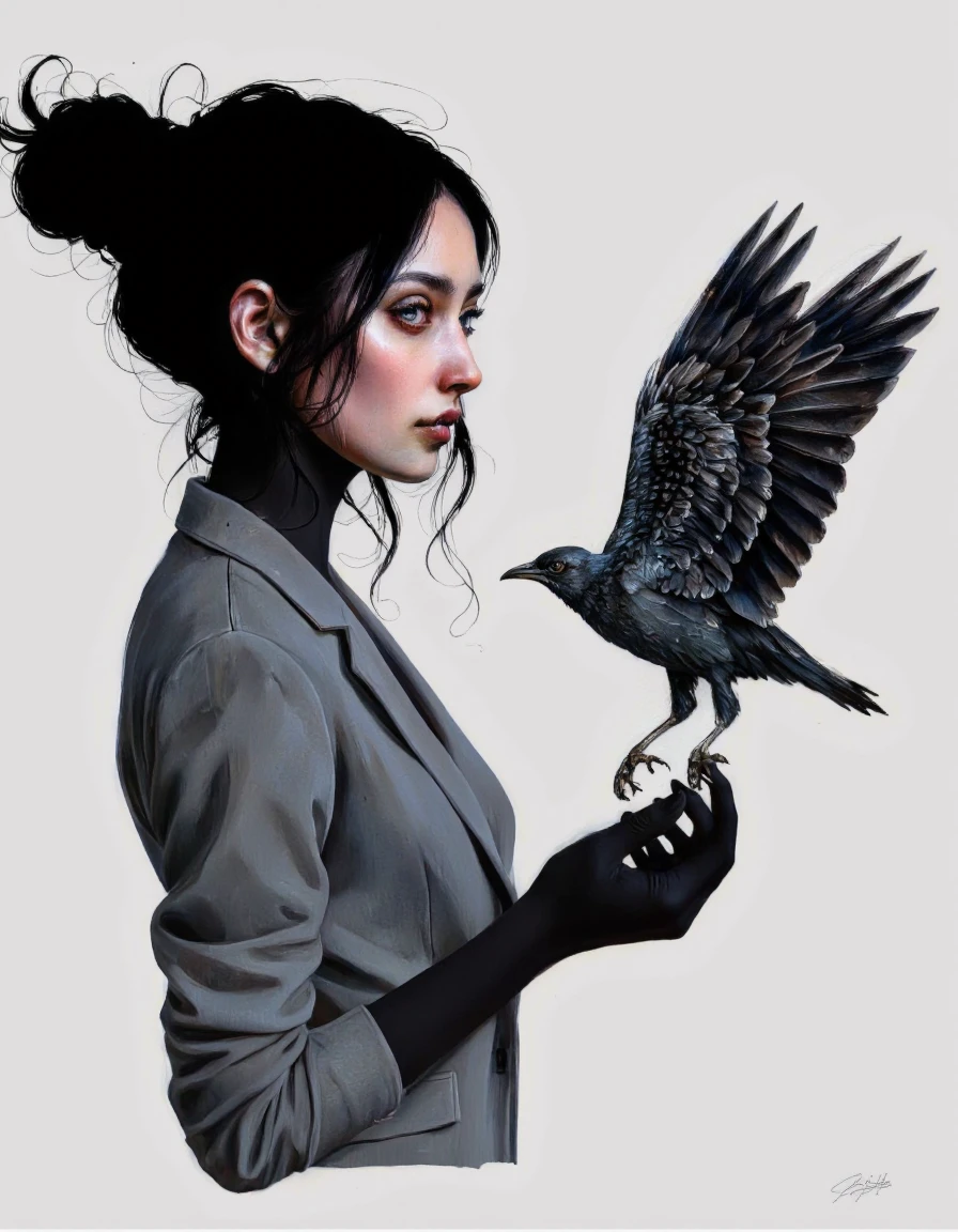 By Laura H. Rubin. A digital illustration shoot from a profile camera angle about a woman with striking features and a small bird in her hand, set against a plain light grey background. the image also shows a stylized silhouette of a woman in the middle of the image, with her upper body facing the viewer and her blue eyes looking directly at the viewer. the woman has long, wavy black hair tied in a single hair bun on the left side of her face, and her slim body is positioned in a way that accentuates her face. she is wearing black gloves and has a serious expression. on the right side of the woman's hand, a small, black bird is perched, with its wings spread wide, as if it is about to take flight. the bird's feathers are detailed and realistic, with sharp edges and a glossy finish, adding to the stylized appearance of the artwork. the overall effect is one of striking contrast between the woman and the bird, making the image visually striking and captivating. <lora:Laura_H._Rubin_II:0.8>