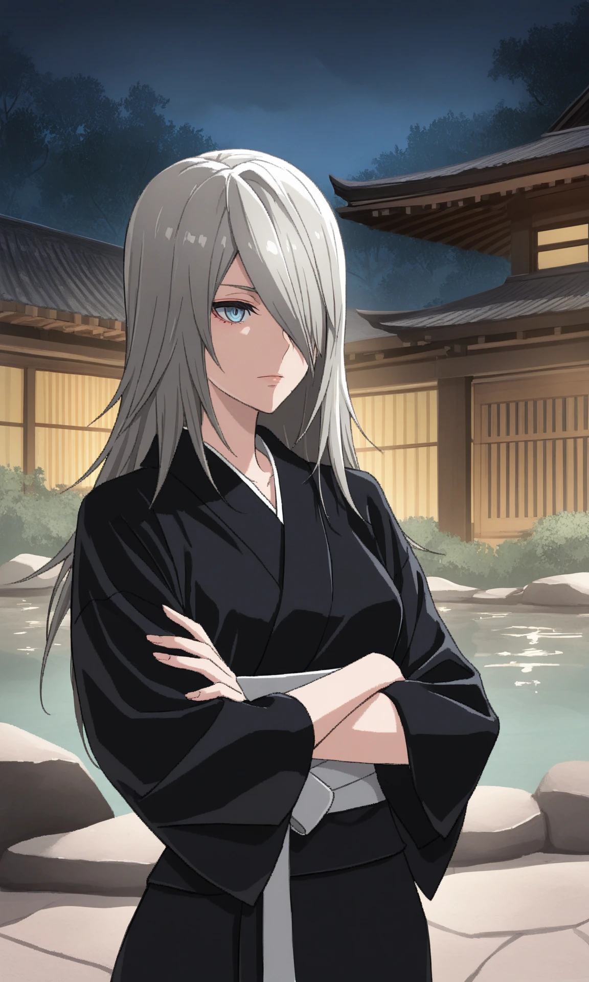 a2yorha, 1girl, blue eyes, long hair, hair over one eye, black kimono, sash, long sleeves, night, crossed arms, upper body, onsen, building, east asian architecture, nature, scenery, rock, nature,
(masterpiece, best quality:1.2), absurdres, highres,