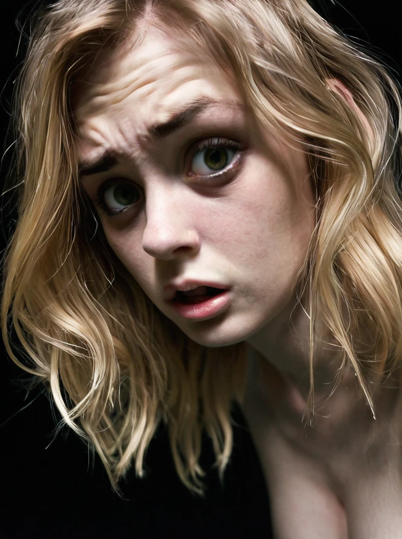analog photograph of 1girl looking like Betsy_Jones_P_MXAI_SDXL , intense expression, extreme closeup shot, black background, filmgrain