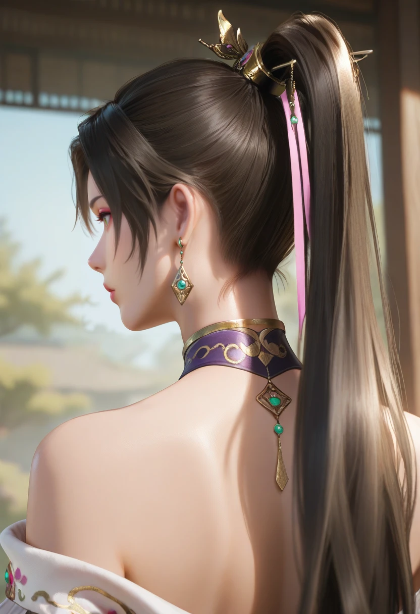 masterpiece, best quality, realistic,
1girl, solo,
 <lora:Diaochan [IL]:0.7> diaochan, 1girl, jewelry, earrings, black hair, long hair, ponytail, hair ornament, depth of field,  look away, from behind, 
 <lora:realistic filter [IL]:0.4> realistic