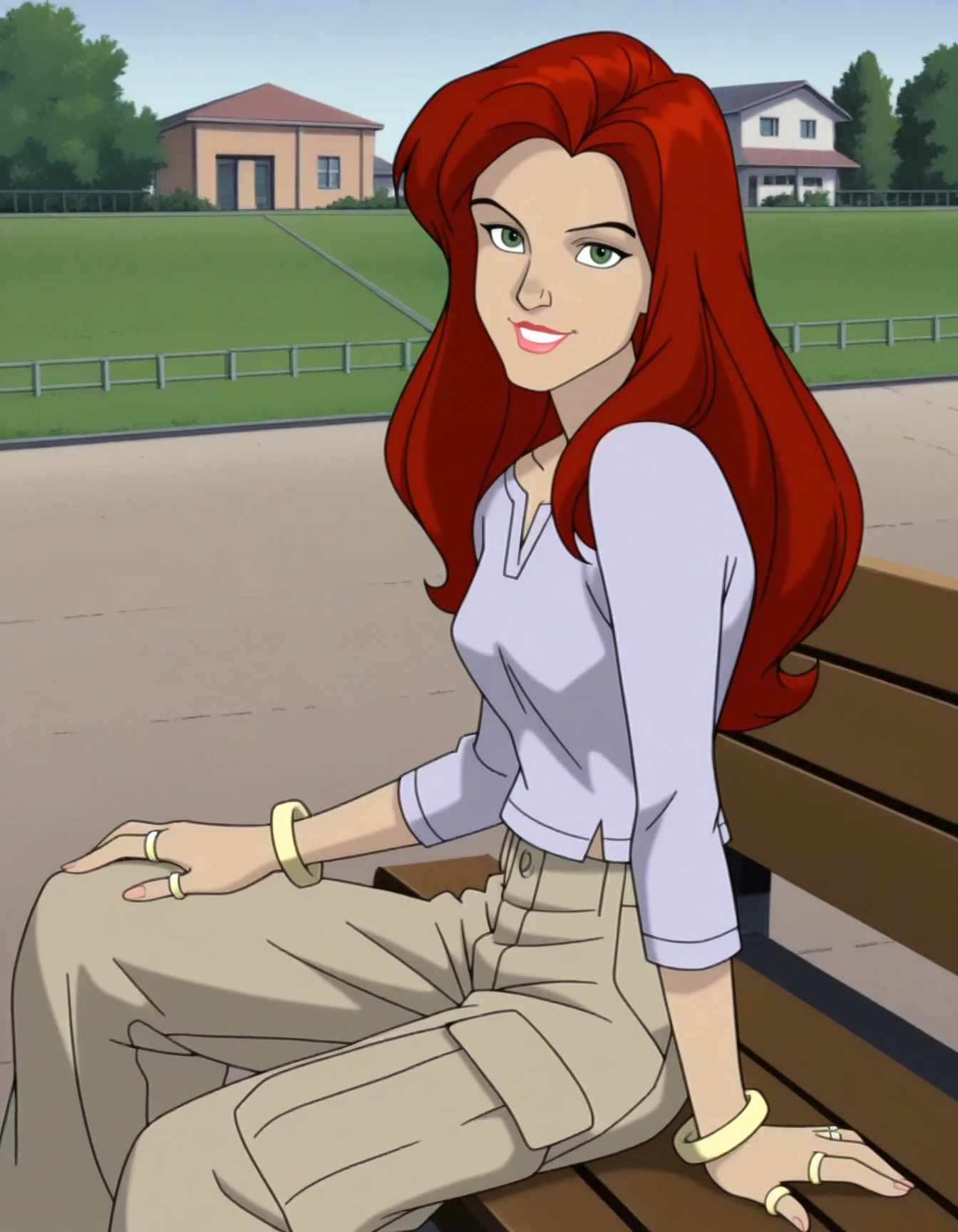 detailed, masterpiece, best quality,
bracelet, ring, shirt, cargo pants,
outdoors, bench,
1girl, solo, sitting, looking at viewer,
<lora:xmenev-jeangrey:1> xjeanx, red hair, long hair, green eyes, lipstick,