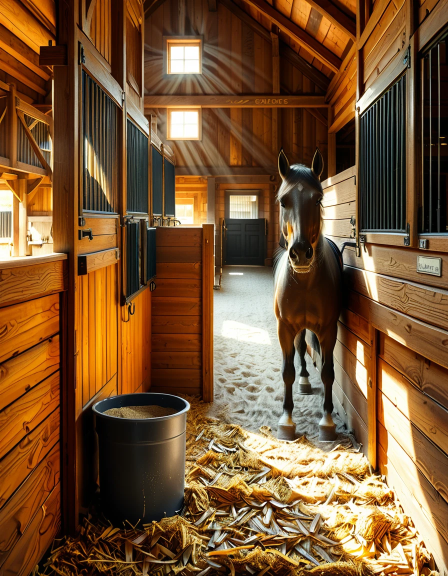 looking at viewer,A woman,straight long black hair, standing inside a rustic horse stall,h0rs3 st4ll, wearing a dusty and slightly worn denim work overall. She has a focused expression on her face.The light filtering in through the wooden slats of the barn creates a warm, golden glow, highlighting small specks of dust floating in the air. In the background, the stall walls are made of aged wooden planks, and a horseâs head can be faintly seen peeking through the open top of the adjacent stall. The atmosphere is earthy and authentic, emphasizing rural farm life. The style is realistic with high attention to detail, natural lighting, and a cozy, slightly nostalgic tone.<lora:SDXLFaeTastic2400:0.4> <lora:extremely_detailed:0.4> extremely detailed, <lora:h0rs3_st4ll:1>, Masterpiece,best quality,hi res,8k,hi res,8k,award winning,(sharp focus, intricate, highly detailed),