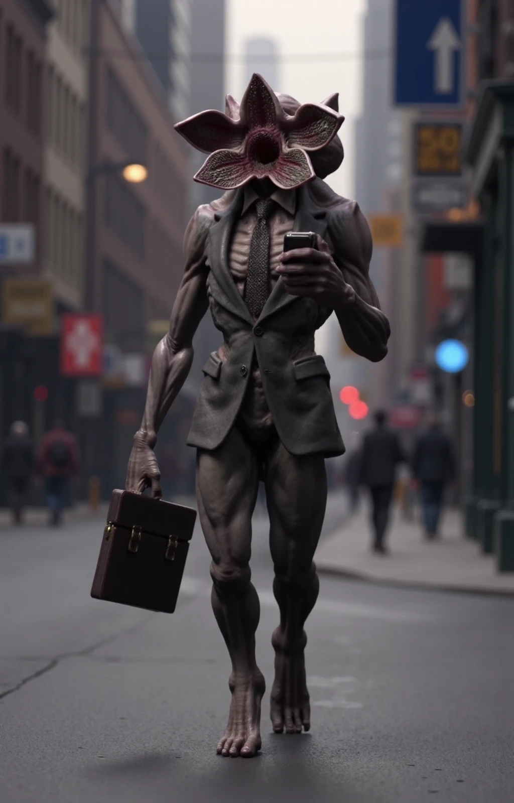 <lora:Demogorgon:0.9> demogorgon, full body, a creature with a very large flower head and a creepy body. It's wears a business suit with a tie. it's carrying a briefcase and is checking its smartphone. Walking in wallstreet.