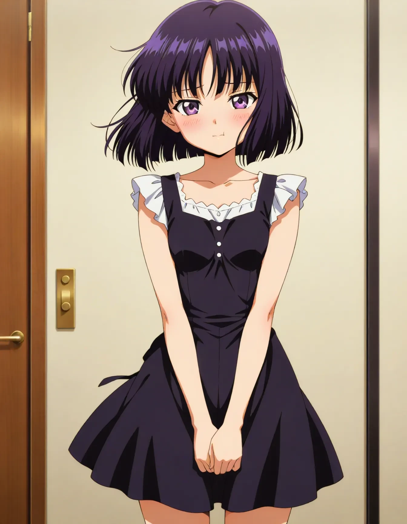<lora:dmd2_sdxl_4step:1>,official style,masterpiece,best quality,newest,absurdres,highres,very awa,Anime,anime coloring,anime screencap,standing,<lora:Sailor_Saturn_V3:0.5>,tomoe hotaru,solo,purple eyes,short hair,purple hair,small breasts,smile,light_blush,shy,stylish_pose,pout,