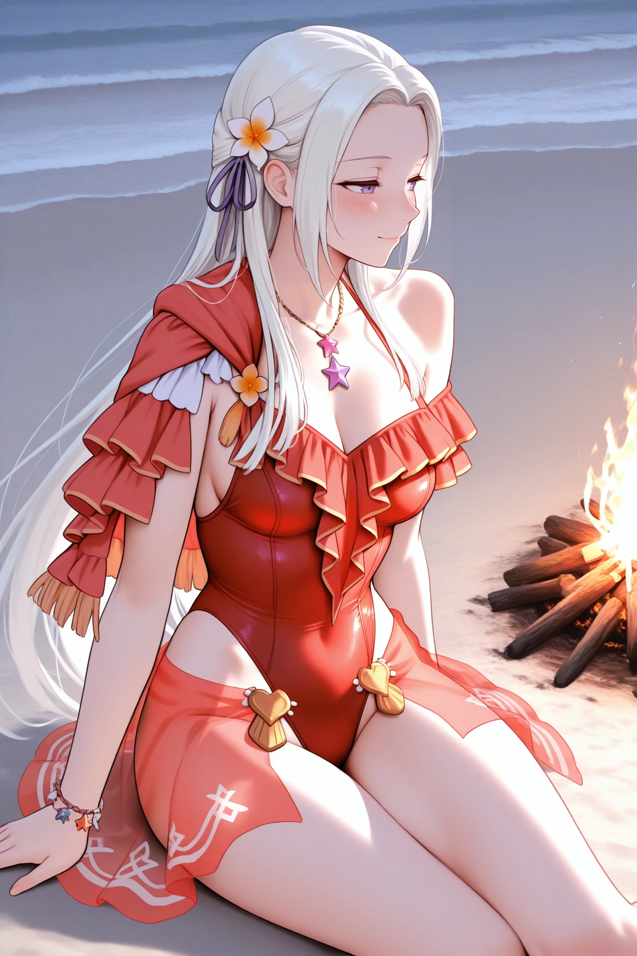 pregnant elf girl wearing red bikini sit on beach