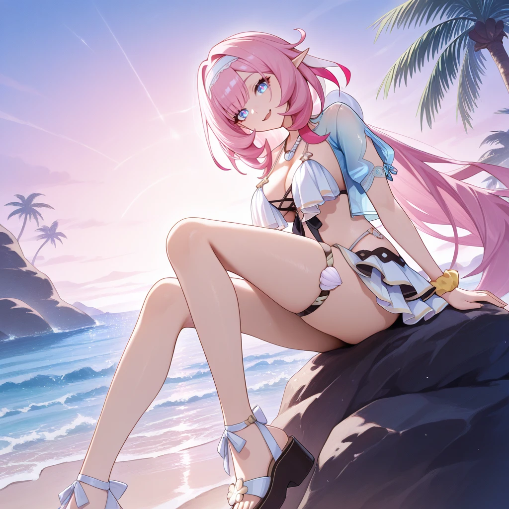 masterpiece, best quality, ultra-detailed, very asthetic, year 2023, very aesthetic, newest, scenery, highres, 4k, absurdres, 8k, colorful,vibrant, glowing, perfect face, 2d, perfect eyes, detailed eyes, 1girl, solo, beach, ocean, palm trees, rock, sitting on rock, full body, from side, looking at viewer, angled shot, sandals, playful smile, leaning backwards, head tilt, backwards, half-opened mouth, elysia (honkai impact), Elys, Fol001, Ely_Swm, pointy ears, long hair, pink hair, blue eyes, hairband, (breast curtains)++, halterneck, open jacket, shell necklace, cropped jacket, light blue jacket, see-through jacket, short sleeves, light blue sleeves, two-tone skirt, cleavage, panty straps, chest strap, ribbon, black ribbon, bracelet, bikini skirt, wrist scrunchie, alt jewelry, alt thigh strap, masterpiece, best quality, ultra-detailed, very aesthetic, newest, scenery, absurdres, perfect anatomy, perfect legs, perfect face, perfect eyes,