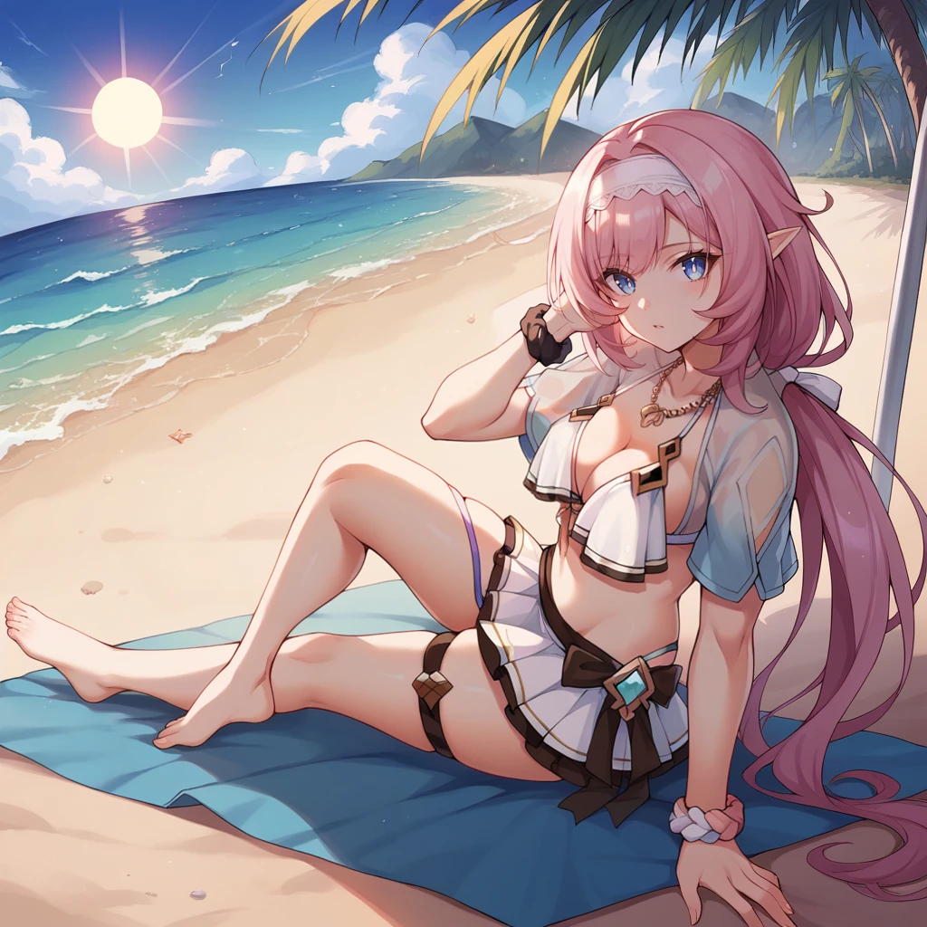 score_9_up, score_8_up, score_7_up, source_anime, 1girl, solo, sun, day, clouds, sky, beach, nature, palm tree, sitting on towel, leaning backwards, looking at you, from above, from side, under umbrella, curious interested, half-opened mouth, head tilt, barefoot, feet, elysia (honkai impact), Elys, Fol001, Ely_Swm, pointy ears, long hair, low ponytail, pink hair, blue eyes, hairband, white bikini, (breast curtains)++, halterneck, open jacket, shell necklace, cropped jacket, light blue jacket, see-through jacket, short sleeves, light blue sleeves, cleavage, panty straps, chest strap, ribbon, black ribbon, bracelet, bikini skirt, wrist scrunchie, alt jewelry, alt thigh strap,