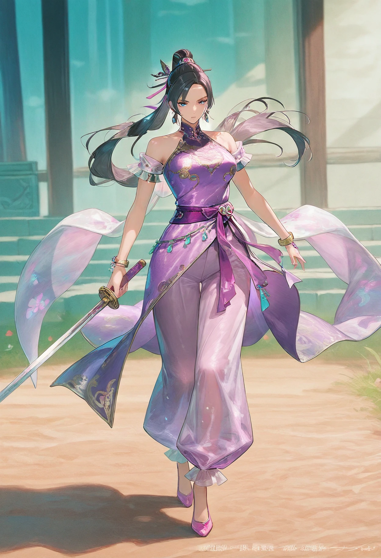 masterpiece, best quality,
1girl, solo,
 <lora:One piece card game artstyle [IL]:1.2> opcgstyle,  art, official art, concept art
 <lora:Diaochan [IL]:0.85> diaochan, 1girl, jewelry, earrings, black hair, blue eyes, long hair, ponytail, hair ornament||, bare shoulders, dress, purple dress, bracelet, chinese clothes, || puffy pants, pink shoes, 
holding weapon, sword,