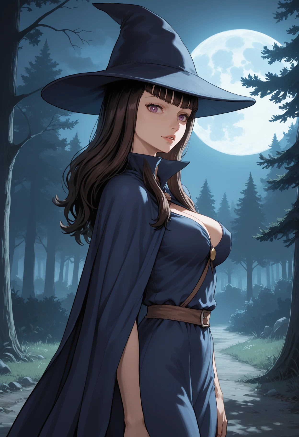 score_9, score_8_up, score_7_up, score_6_up, score_5_up, masterpiece, best quality, high detail, volumetric lighting, dark, shadow, <lora:NM_Moruda:1>, BREAK NM_Moruda, 1girl, solo, witch, purple eyes, brown hair, long hair, breasts, large breasts, BREAK hat, witch hat, blue clothes, high collar, robe, blue dress, dress, cape, looking at viewer, forest, trees, side view, dark lighting, fear of the dark, detailed background, night, bloody moon, dark forest