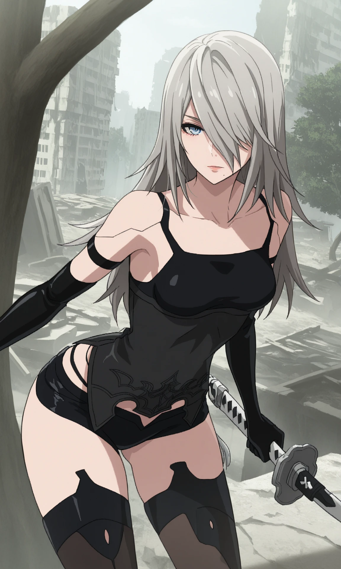 a2yorha, 1girl, blue eyes, long hair, robot joints, hair over one eye, black tank top, elbow gloves, black gloves, armlet, bare shoulders, short shorts, black shorts, black thighhighs, outdoors, ruins, tree, city, holding sword, katana, looking at viewer, scenery, cowboy shot, leaning forward,
(masterpiece, best quality:1.2), absurdres, highres,
