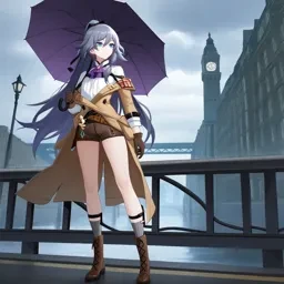 masterpiece, best quality, ultra-detailed, very aesthetic, detailed background, year 2023, very aesthetic, newest, scenery, highres, 4k, absurdres, 8k, colorful,vibrant, glowing, perfect face, 2d, perfect eyes, detailed eyes, 1girl, solo, London, standing behind railing, on bridge, monocle, raining, holding umbrella, cloudy, street lamps, hand on railing, pensive, dimmed light, looking ahead, angled shot, full body, fu hua, blue eyes, long hair, grey hair, FuHua, Fol001, Fh_Htf, high ponytail, white shirt, collared shirt, off-shoulder coat, closed coat, brown coat, layered sleeves, brown sleeves, white sleeves, brown gloves, shoulder straps, purple ascot, brown shorts, short shorts, brown belt, jewelry, gloves, alt brown footwear, cross-laced footwear, boots, ribbed socks, grey socks, masterpiece, best quality, ultra-detailed, very aesthetic, newest, scenery, absurdres, perfect anatomy, perfect legs, perfect face, perfect eyes,