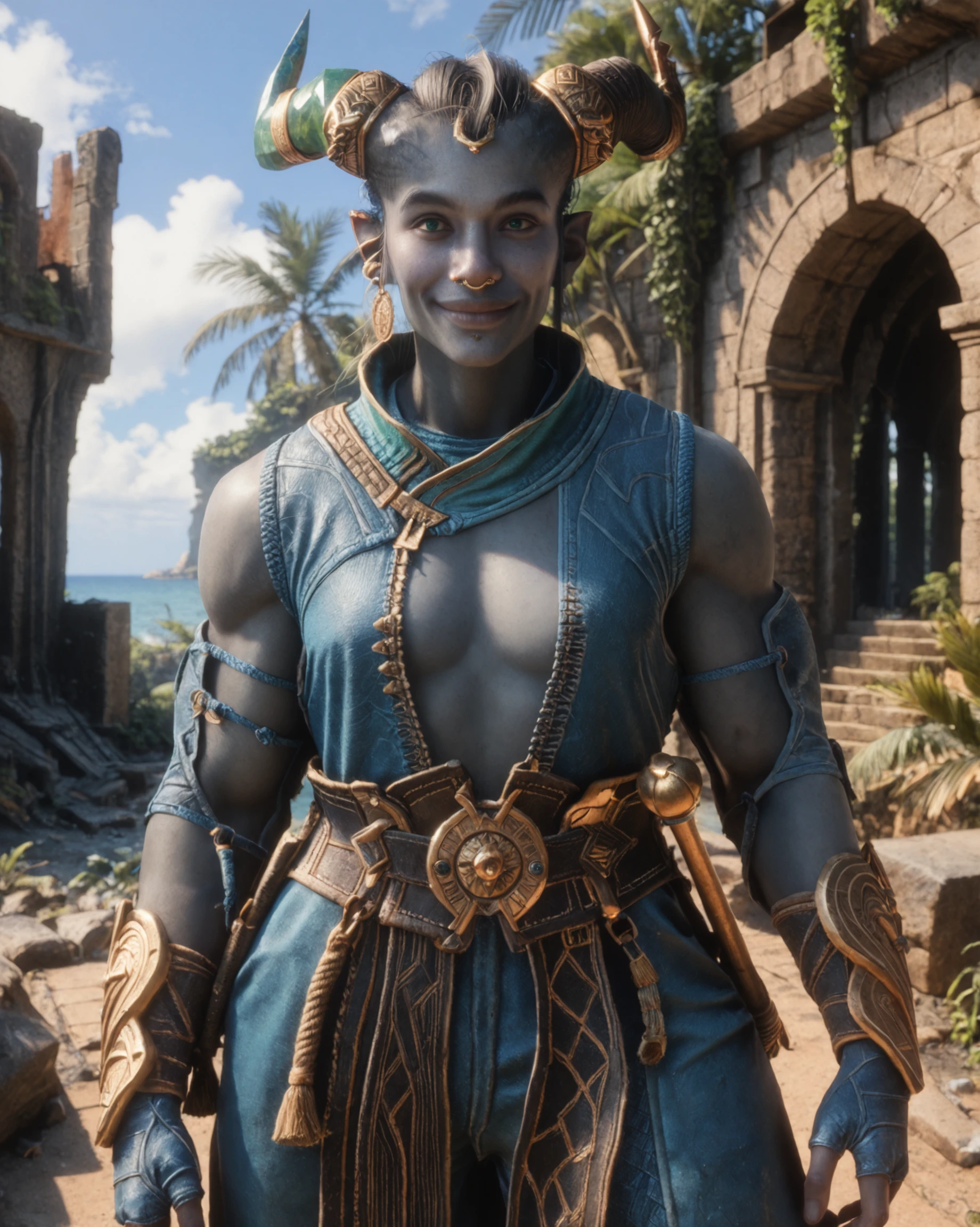 score_9, score_8_up, score_7_up, intricate details, rating_questionable, high resolution, detailed face,
<lora:Taash:0.8>,
1girl(Taa5h, kn1t_top, teal eyes, blue-grey skin, broad shoulders, muscular, solo, nose ring, blue pants,
cowboy shot,
8k,
looking at viewer, slight smile),
partial side view, sunshine, summer, tropical ocean coast, ruins, palms, fertile, detailed background, depth of field,
<lora:ral-chrosc-clr:0.5>, ral-chrosc-clr,
<lora:Expressive_H:0.5>, Expressiveh,
<lora:xl_more_art-full_v1:0.3>,
<lora:add-detail-xl:0.3>