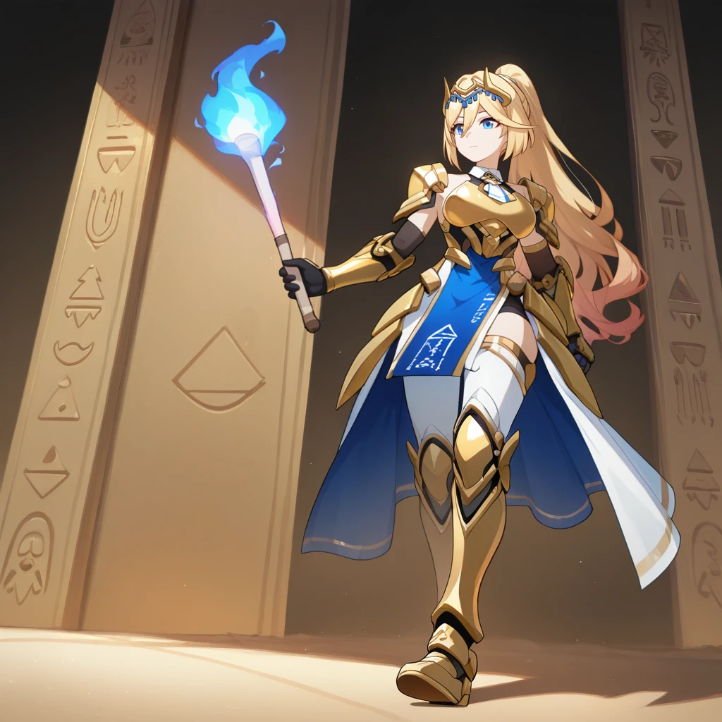 blonde hair, blue eyes, long hair, Durandal, Fol002, Du_Dea, blonde hair, high ponytail, armored dress, waist veil, chestplate, gold armor, gold pauldrons, halterneck, frilled necktie, white necktie, circlet, pleated skirt, side slit, asymmetrical skirt, single pantsleg, white pants, armored legwear, gold footwear, alternate gauntlets, gold gauntlets, alternate black gloves,