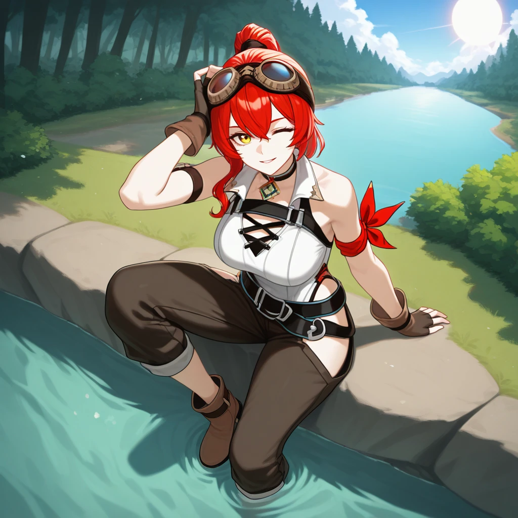 masterpiece, best quality, ultra-detailed, very aesthetic, detailed background, year 2023, very aesthetic, newest, scenery, highres, 4k, absurdres, 8k, colorful,vibrant, glowing, perfect face, 2d, perfect eyes, detailed eyes,
, 1girl, solo, trees, forest, river, river bank, pebbles, rocks, bushes, flowers, outdoors, detailed background, day, sun, sky, clouds, sitting on riverbank, single bend knee, full body, leaning backwards, feet in water, hand over head, looking at viewer, confident smile, wink, parted lips, foreshortening, angled shot, from above,
red hair, yellow eyes, murata himeko, mature body, ponytail, HimekoHi3, Fol003, Hmk_Frc, ponytail, arm ribbon, red ribbon, crossed belts, ribbed leotard, white leotard, pants, sleeveless, alt ankle boots, alternate brown footwear, alt chest strap, cutoffs, alternate black belt, hip vents, clothing cutout, armband, alt fingerless gloves, different black gloves, jewelry, goggles on head, choker,