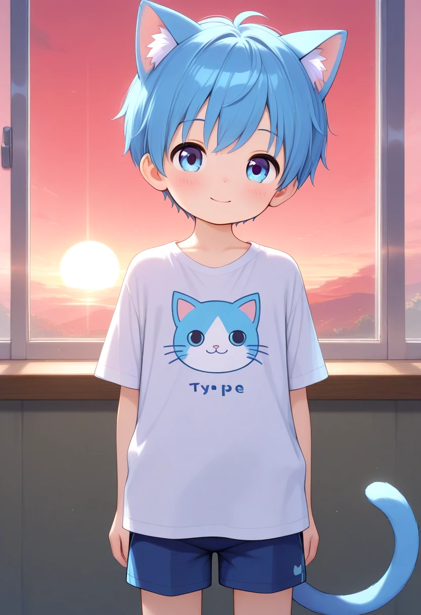 <lora:cutifiedanimecharacterdesign_variant_type_G_IL_v10:1>
1boy, type-g, cat boy, blue hair, loved face expression, outdoor, inside, window, shirt, shorts, sunset, red sky, tail,