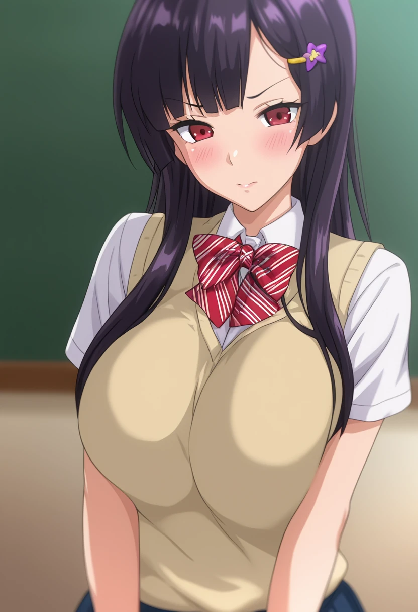 (POV, 1boy, faceless male, POV paizuri, paizuri:1.4), (pov tits fuck), hetero, blush, embarassed, white school shirt, blue pleated skirt, yellow bow, classroom background, kanu unchou, anime cels style, best quality, high resolution, 1girl, (huge breasts:1.2), beautiful face, black hair, long hair, ((hair over one eye)), blue eye, navel, cowboy shot
