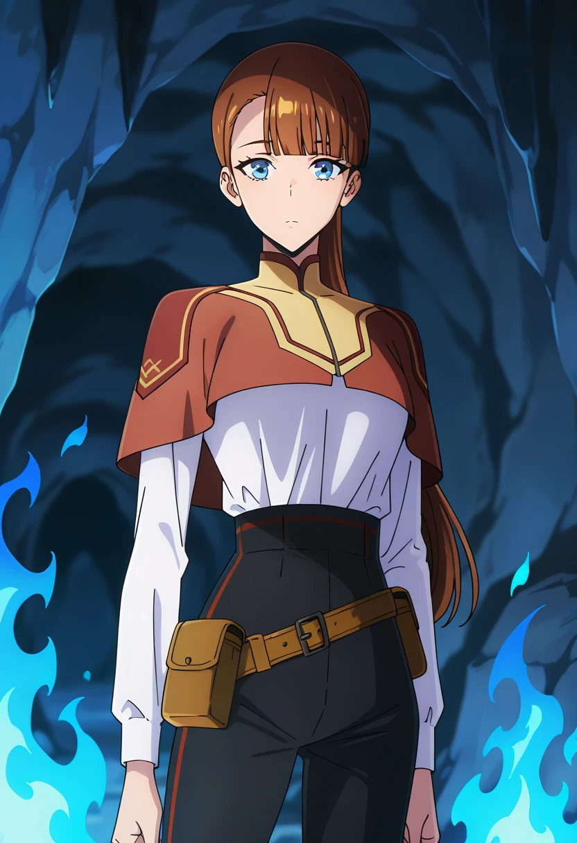anime screencap, masterpiece, best quality,
<lora:SoloLeveling_LeeJoohee_IlluXL:0.9>,
1girl, solo, closed mouth,
asymmetrical bangs, brown hair, long hair, blue eyes, blunt bangs, ponytail,
JooHeeFight, multicolored capelet, brown capelet, yellow capelet, red capelet,, white shirt, shirt tucked in, long sleeves, high-waist pants, black pants, red trim, loose belt, belt pouch,
standing, looking at the viewer, cowboy shot,
indoors, cave, blue fire, dark