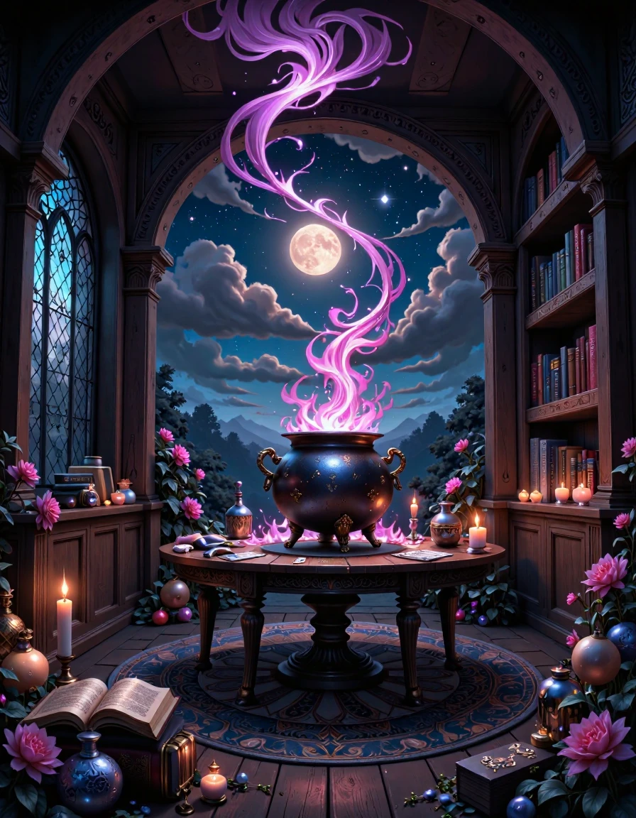 The image is a digital illustration of a magical scene in a dark room. The room is filled with various items, including an open book, several bottles of potions, and several lit candles. In the center of the image, there is a large cauldron with a purple flame coming out of it. The cauldron is placed on a wooden table, and there are several other items scattered around it. On the right side of the table, there are bookshelves filled with books, and on the left side, there appears to be a window with a view of the outside. The overall atmosphere of the room is dark and mysterious. <lora:magic-dream:0.5> md0924, magic, anna stokes, boris vallejo, alphonse mucha, sky with clouds and moon, flowers, swirl magic