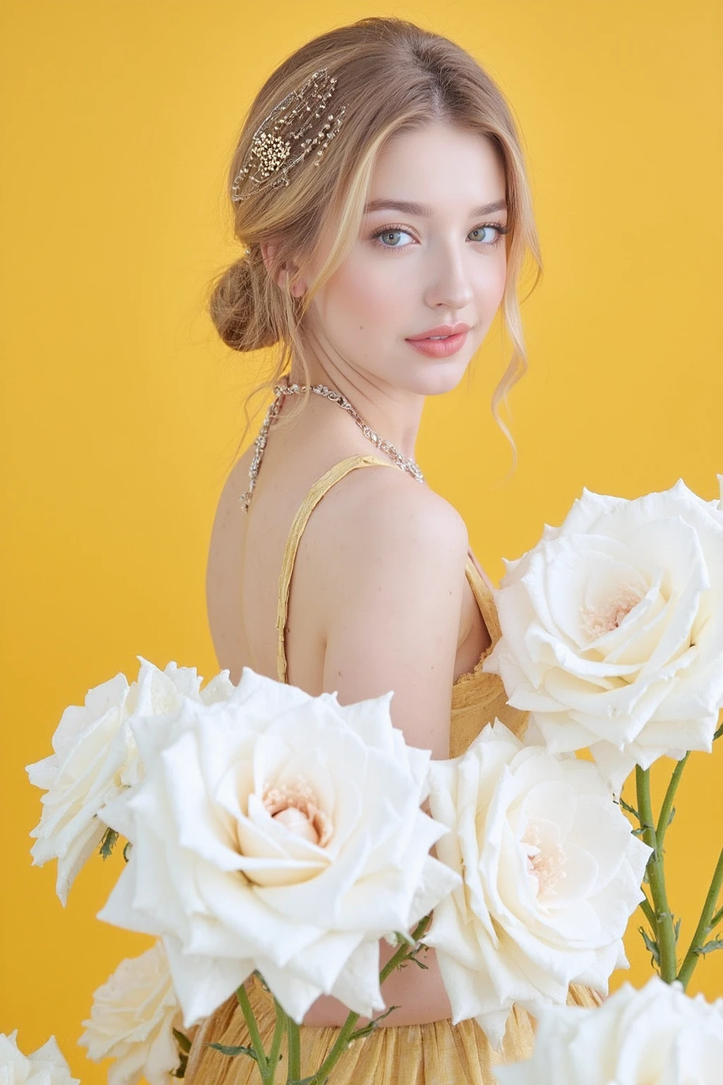 The image showcases a young blonde woman wearing necklace and earrings with pale skin and makeup. She is positioned against a strikingly vibrant gold background, which is filled with large white rose flowers. The flowers dominate the composition, adding a dramatic and intense contrast to her skin tone and overall appearance.
The woman is dressed in golden gown, which drapes softly over her shoulders, leaving her upper back and one shoulder exposed. Her expression is calm and slightly mysterious, with her gaze directed slightly to the side, away from the camera. The large flowers, some of which overlap with her figure, create a dreamy and surreal atmosphere, as if she is blending into or emerging from the floral background., <lora:flux_realism_lora:1>, <lora:makinaflux_angelinadanilova_v1.0:1>