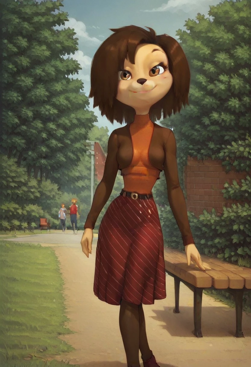 score_9, score_8_up
outdoors, street, park
1girl, canine, female, medium breasts, mini skirt, sport top
sitting on bench, crossed legs, smile