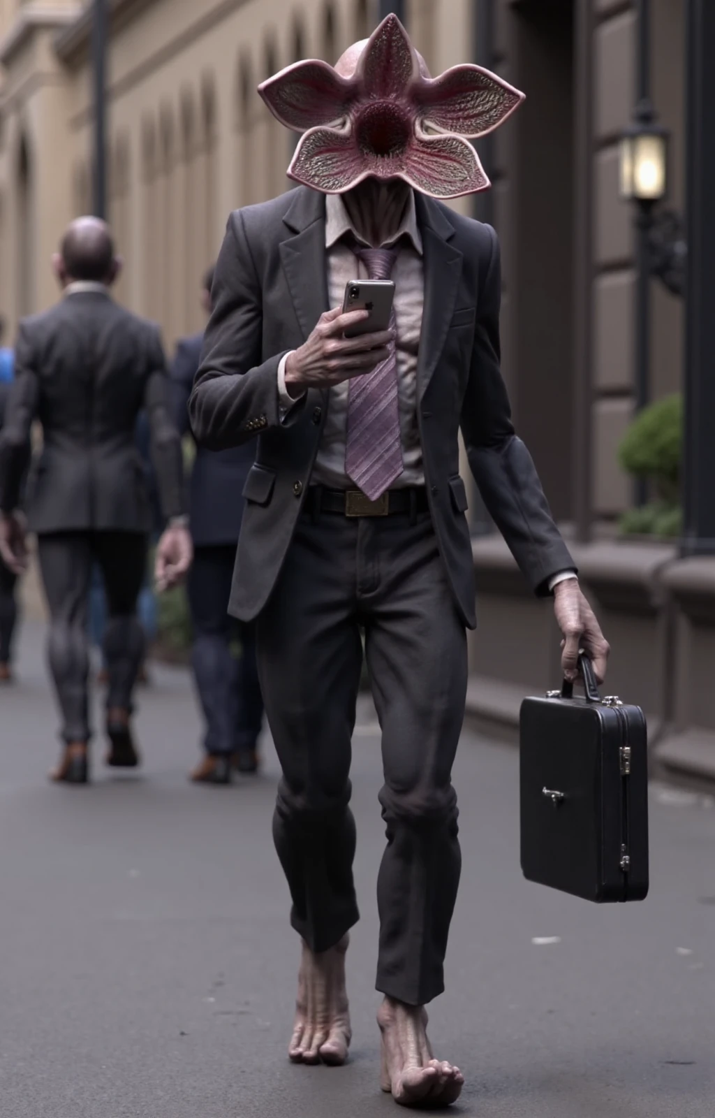 <lora:Demogorgon:0.9> demogorgon, full body, a creature with a very large flower head and a creepy body. It's wears a business suit with a tie. it's carrying a briefcase and is checking its smartphone. Walking in wallstreet.