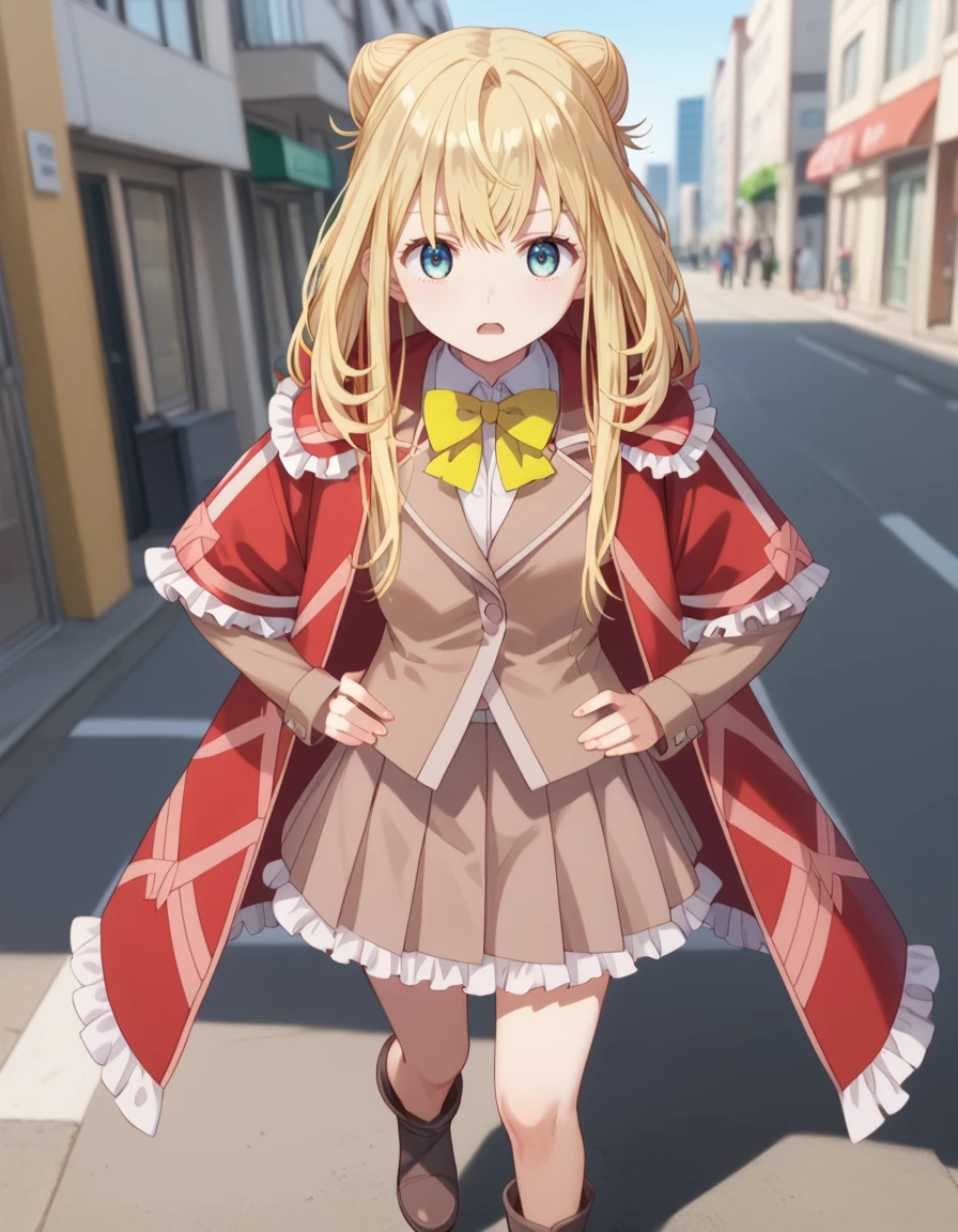 score_9, score_8_up, score_7_up, source_anime, BREAK
1girl, solo, blurry background, looking at viewer, full body, walking, dawn, outdoors, tokyo city, from above, confused, hands on own hips,
yuri kawazu (momentary lily), long hair, blonde hair, hair bun, double bun, sidelocks, blue eyes, green eyes, open mouth,
school uniform, red capelet, frills, pink blazer, white collared shirt, yellow bowtie, long sleeves, pleated skirt, ankle boots,
<lora:yuri_kawazu-momentary_lily_s1-pxl-anime-soralz:1>