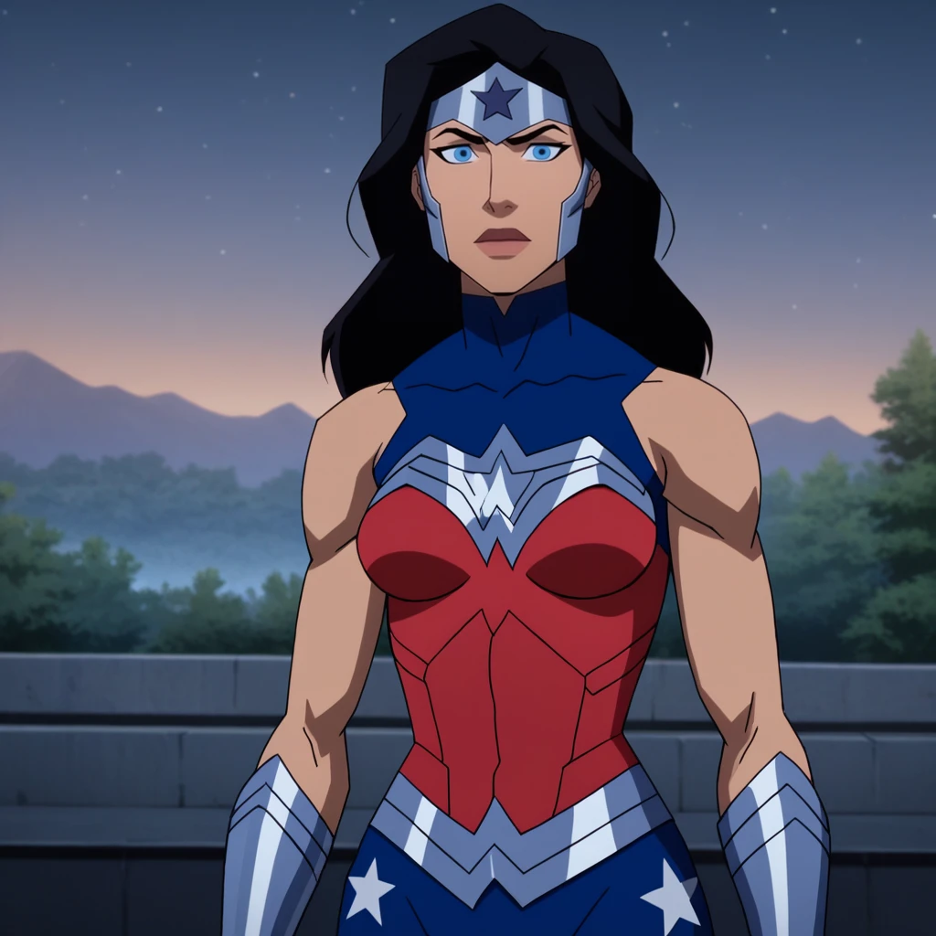 Ugly score_9_up, score_8_up, score_7_up, BREAK, DCAMU, 1girl, solo, black hair, long hair, blue eyes, sleeveless, wonder woman, <lora:DCAMU_Style_PXL_Leaf1:1>, cowboy shot, outdoors, night,