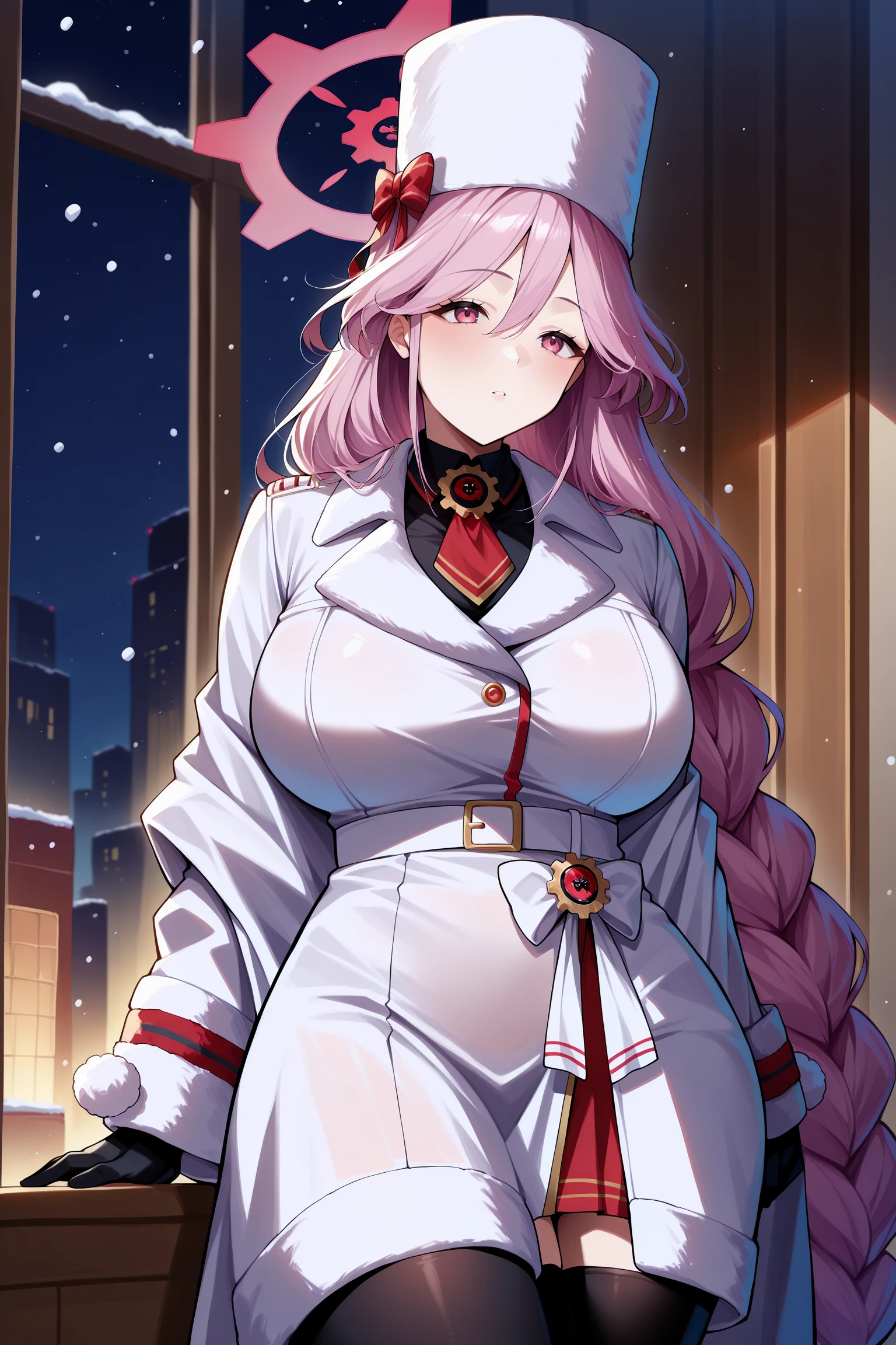 intricate details, cinematic light, 1girl, high resolution illustration, (masterpiece:1.5), (best quality:1.2), (beautiful background:1.2), detailed background, standing, (white coat:1.5), (black pantyhose:1.3), halo, tomoe_(blue_archive), <lora:tomoe_(blue_archive):0.7>