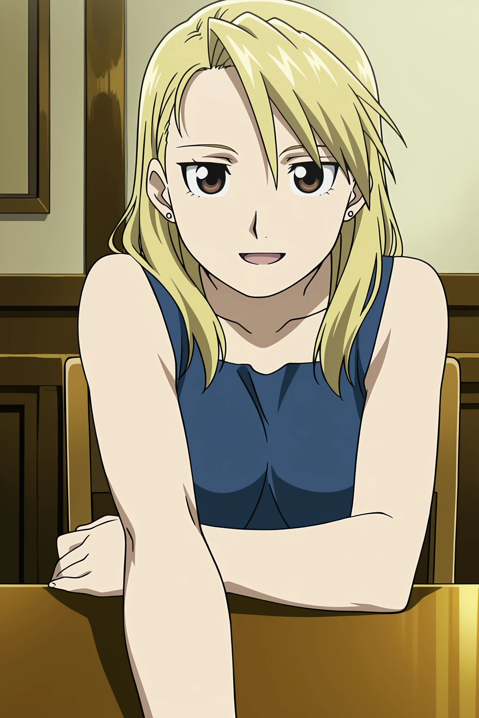 anime screencap, anime coloring, detailed face,
 <lora:Riza_Hawkeye_Fullmetal_Alchemist:.7>
girl sitting on a chair, at a table,
riza hawkeye, 1girl, solo, blonde hair, short hair, hair down, brown eyes, earrings, jewelry, POV, looking at the viewer, smile, :D, mouth open