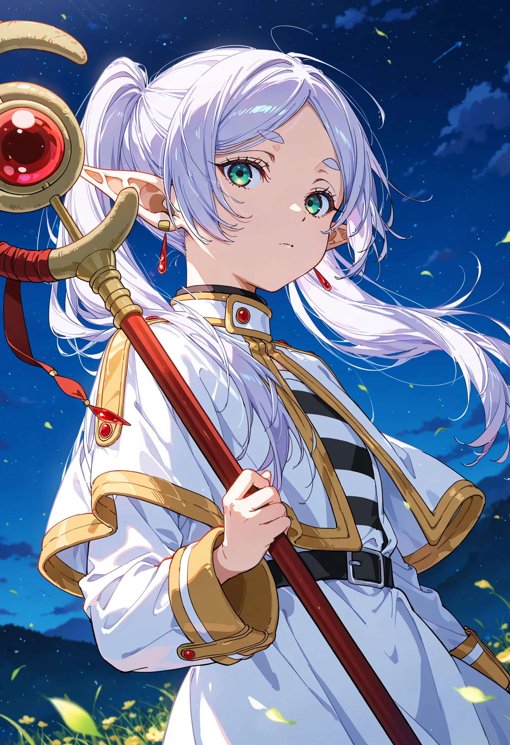 masterpiece, best quality, absurdres, safe
aritst:yoneyama_mai
1girl, frieren, holding staff, night sky