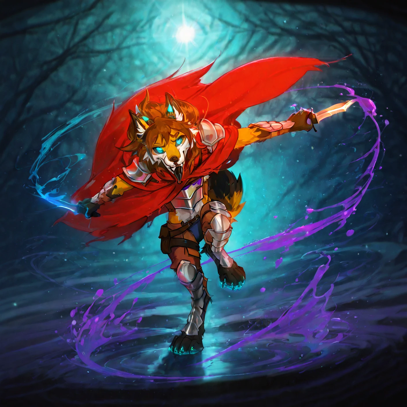 HD,4k,best quality,front view,ground up,(angle shot up close:1.5),source_furry,furry,male focus,fox_boy,vilefox,full armor,jumping forward,dagger in hand,casting spell with other hand,crazy_smile,blue eyes,red frayed cloak,black sclera,cheek fluff,(colorful:1.2),(((full body))),3/4 view,tilt-shift,black tail tip,body fluff,black tongue,open mouth,fangs,mane flared,tongue out,<lora:VileV4:0.1>,paw pads,claws,segmented armor,segmented leg armor,fangs,blue_met,AS-YoungestV2,<lora:VilefoxV4-000028:1>,purple potion in other hand,<lora:Furry_Paws_-_helper:0.8>,Canine paws,digital pads,metacarpal pad,4toes,claws,detailed paws,[color],<lora:Dramatic Lighting Slider:1.5>,moody lighting,