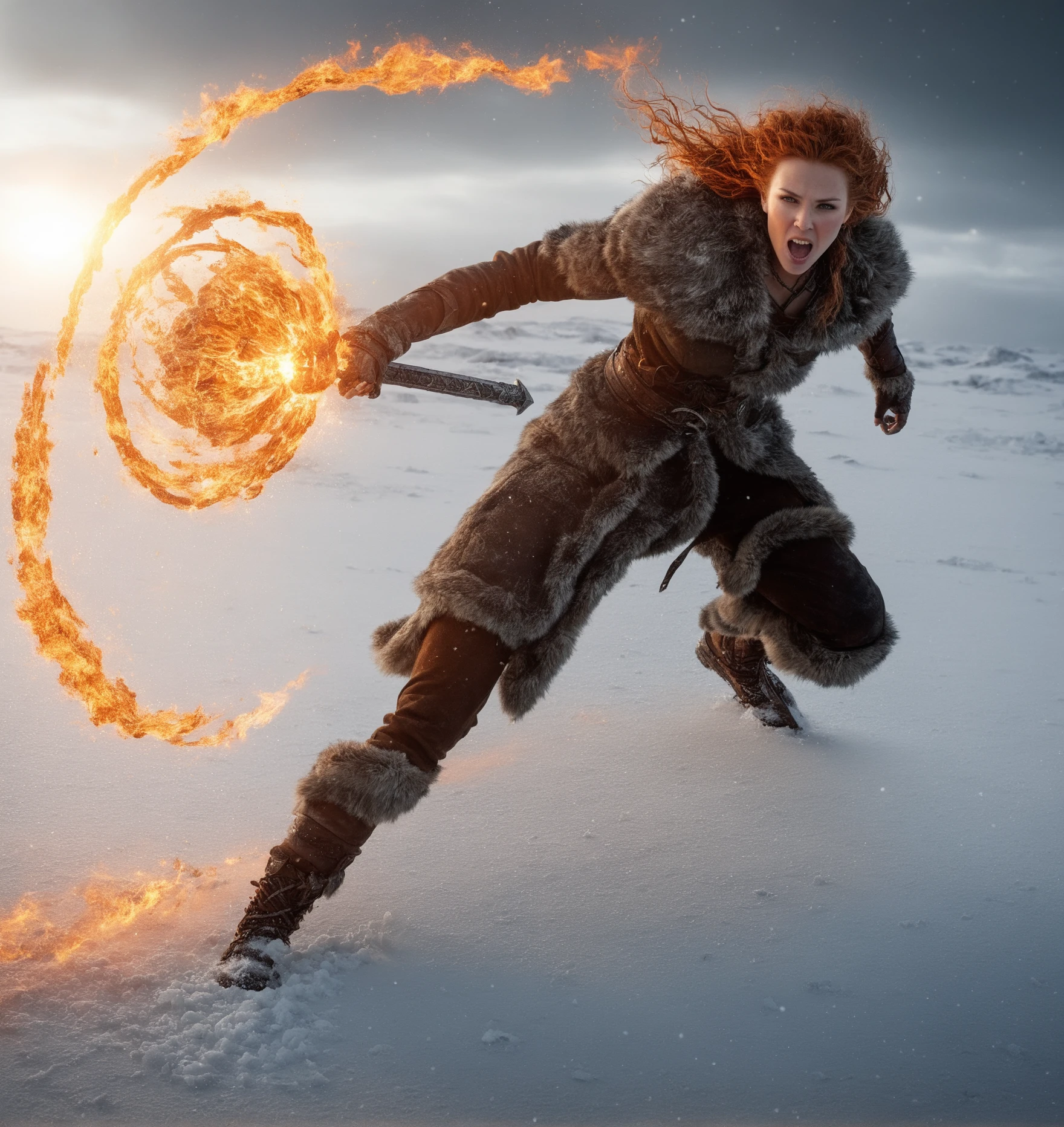 Create an intensely cinematic and dynamic depiction of a fierce Viking woman warrior with wild, curly hair, her expression burning with unyielding focus and ferocity. She hurls a blazing meteorite-like sphere of fire directly toward the viewer, the glowing orb erupting from her outstretched hand with an intense, radiant energy. The meteorite leaves a trail of embers, smoke, and fiery sparks as it moves, drawing the eye into the chaotic, frozen battleground around her. The backdrop is a snowy and wind-swept war zone, filled with the remnants of a brutal conflict: scattered swords, shields, and broken banners buried partially in snow and blood-soaked ice. Her fierce, muscular stance embodies power, defiance, and raw determination, as the cold air contrasts with the fiery light of the burning meteor. The scene is richly detailed, capturing the tension of the moment, with faint silhouettes of armies clashing in the distance, snowflakes illuminated by the fiery glow, and the raw energy of battle lingering in every detail. BREAK Create a visually striking scene featuring an intensely focused Viking woman warrior with wild, curly hair, her expression fierce and determined, as she hurls a burning meteorite from her hand directly toward the viewer. The glowing, fiery sphere is mid-flight, leaving her hand with an explosive trail of smoke, embers, and golden sparks that illuminate the cold, snowy air. The backdrop is an intense, chaotic battleground in harsh winter conditions, with frost-covered ground scattered with fallen swords, shields, and shattered armor. Behind her, army banners flutter violently in the icy wind, framing the scene with a sense of urgency and impending destruction. The lighting emphasizes the stark contrast between the fiery glow of the meteorite and the cold, muted tones of the snow-covered battlefield. BREAK The scene unfolds in breathtaking detail, frozen in a moment of raw power and chaotic beauty. A fierce Viking woman warrior stands as the focal point of the battlefield. Her wild, curly hair cascades in untamed waves around her face, whipped by the icy winds, giving her an almost elemental presence. Her eyes burn with an unyielding ferocity, the expression on her face a mixture of rage, determination, and primal focus.
From her outstretched hand, she unleashes a blazing meteorite-like sphere of fire, the fiery projectile captured mid-flight as it hurtles directly toward the viewer. The orb glows with an intense radiant energy, its surface crackling and pulsating like molten lava. The trail it leaves behind is a stunning eruption of embers, smoke, and fiery sparks, carving a bright, chaotic path through the cold air. The flames lick and twist like living things, their golden hues reflected in the glistening frost and snow beneath her feet.
The backdrop is a snowy, wind-swept war zone, a frozen stage for the brutal conflict that rages on. Around her, the remnants of battle tell a haunting story: scattered swords, shattered shields, and broken banners lie half-buried in the blood-stained snow and ice. The faint crimson streaks on the frozen ground contrast sharply with the icy whites and muted grays of the wintry landscape. Behind her, tattered army banners snap violently in the cold wind, their frayed edges a testament to the savagery of the fight.
Her stance exudes power and defiance, a muscular, battle-hardened frame braced against the cold. Snowflakes drift and swirl around her, illuminated by the fiery glow of the meteorite. The lighting creates a stark and striking contrast: the cold, muted tones of the battlefield clash with the warm, dynamic light of the fire, which bathes her and the immediate surroundings in an ethereal, fiery radiance.
In the distance, faint silhouettes of warriors are locked in combat, their forms blurred by the swirling snow and icy haze. The clamor of battle seems to hang in the air, a palpable tension underscoring the moment. The fiery meteorite she hurls feels like a force of nature, a defiant roar against the frozen desolation and chaos around her.
Every detail of the scene crackles with energy and tension: the movement of the meteorite, the contrast between fire and ice, and the fierce resolve in the Viking warrior's expression. It's a moment frozen in time, rich with cinematic drama and the raw, untamed spirit of battle. BREAK
**Fierce and Untamed**
Her hair, a storm of curls,
whips wild against the wind,
a tempest crowned in frost,
her breath steaming in clouds of fire.
Eyes burn like embers unquenched,
locked on the void before her,
unyielding, ferocious,
a flame that will not bow.
From her outstretched hand,
she hurls the heart of the sunâ
a meteor ablaze,
molten and furious,
searing the frozen air.
It arcs, a fiery beast,
trailing smoke, embers, sparks,
its roar slicing the silence of snow.
The flames twist and writhe
like serpents unleashed,
their light carving violent patterns
into the frost-cloaked earth.
Behind her, the battlefield sprawls,
a vast, frozen graveyard:
shattered shields,
splintered swords,
banners torn to trembling ghosts
in the howling, icy wind.
Blood stains the snow in jagged streaks,
a crimson song etched into winterâs desolation.
Her stance is granite,
carved by the hammer of war,
muscles taut as drawn steel,
defiance etched into every line.
The cold bites at her skin,
but she is fire incarnate,
a flame untouched by frost.
Around her, the chaos livesâ
snowflakes swirl,
caught in the glow of her fury,
while armies clash as shadows
in the distance,
their forms blurred by the storm.
The echo of battle lingers:
the clash of iron,
the cry of the dying,
the primal roar of survival.
Yet in this moment, all falls silent,
save for the blazing orb she wieldsâ
its fury, a defiant scream,
its path, an oath of destruction.
Fire and ice collide,
a rift in the fabric of the world.
She stands,
a fierce and untamed force,
a Viking forged in frost and flame,
a warrior,
unshaken,
unyielding,
eternal.
BREAK
The Viking woman stands in the eye of the storm, her form a tempest of raw strength and unshakable resolve. Her wild, coppery hair churns around her head like a halo of fire, tangled and alive, mirroring the chaos of the battle around her. Her pale skin glows with the reflected light of her own fury, streaked with soot and blood, while her piercing eyesâembers of some internal infernoâlock onto her target with deadly precision.
Her body is coiled like a predator in mid-strike, muscular arms taut as she unleashes the blazing meteorite from her outstretched hand. The sphere itself is a fragment of wrath, molten and alive, its surface splitting with veins of golden heat, spilling ribbons of fire as it tears through the icy air. It burns impossibly bright, a defiant star descending into destruction, the contrast so sharp it feels as if the fire could sear through the frozen world around her. The trail behind it is chaos incarnateâembers spiraling like furious moths, smoke curling in violent tendrils, fiery sparks exploding outward in a storm of orange and gold.
The frozen battlefield spreads around her in grim detail, a canvas of stark contrasts. Snow blankets the ground, but the pristine white is stained with the dark, arterial streaks of blood that run like rivers through the ice. Broken weapons glint faintly in the scattered light: a shattered sword, an axe embedded in a splintered shield, the metal frostbitten and dull. A banner lies torn and forgotten, its crimson threads twisting in the wind like a ghost of former glory. The ground itself is churned into chaos, boot prints and the indentations of fallen warriors frozen in time beneath a dusting of new snow.
Behind her, the war rages on. Silhouetted figures fight in the distance, faint against the curtain of swirling snow. Their movements are frantic and disjointed, the clash of steel and screams of the dying reduced to a muffled dirge in the howling wind. The air is alive with tension, each breath a sharp dagger in the cold, each moment a gamble against death. Yet, here at the center, the Viking woman is utterly stillâsave for the fire she has unleashed.
Her attire speaks to a life carved in battle. Leather armor reinforced with iron plates clings to her form, its edges frayed and scarred. Fur-lined bracers protect her arms, though they cannot hide the brutal marks of countless fights: old scars, fresh cuts, and bruises that bloom like dark flowers against her skin. Around her waist, a belt adorned with trophies of her enemiesâa necklace of teeth, a dagger still crusted with frozen bloodâsways with the force of her movements.
The wind howls, but the fire roars louder. The meteorite streaks toward the viewer, larger now, consuming more of the frame as it barrels forward, a living comet of vengeance. The embers it sheds drift toward us, faint pinpricks of heat in the icy vastness, carrying with them the echoes of the fury behind the throw. Snowflakes, caught in the meteorâs fiery wake, vaporize instantly, leaving tiny puffs of mist that dissipate in moments. The contrast between the searing heat of the meteorite and the frozen desolation of the battlefield is jarring, almost surreal, the two elements locked in an eternal conflict that mirrors the battle of flesh and steel raging in the distance.
Her face is a portrait of ferocity, every line and shadow etched with purpose. Her teeth are bared in a snarl thatâs almost primal, her lips cracked from the biting cold but unyielding. Her eyesâthose fierce, unrelenting eyesâburn brighter than the meteorite she hurls, brighter than the sun hidden behind the gray, storm-laden sky. This is not just a warrior. This is a force of nature, a living storm of fire and fury, defiance incarnate.
In this frozen, fiery tableau, time itself seems to slow. The meteorite hangs suspended mid-flight, the trail of fire behind it lingering in the air like a painterâs brushstroke, as if the universe itself is reluctant to let go of the moment. Snowflakes catch the fiery light, sparkling like molten stars before they fade into nothingness. The womanâs hair twists wildly around her face, framing her like a lionâs mane, a crown for the queen of the battlefield.
This is the climax of the chaos, the boiling point where fury meets resolve, where the elements themselves seem to bow to the sheer force of her will. And in this instant, she is more than human. She is a legend in the making, the kind of story whispered in hushed tones around the fires of longhouses, a name to be carved into the annals of history.
And the meteorite burns on, its heat reaching out to the viewer, daring them to step closer, to meet the fire head-on. It is a challenge, a promise, and a warning all at once: the Viking woman will not falter, not now, not ever. The frozen world around her might crumble and fall, but her fire will burn eternal. <lora:Positive_Astigmatism_0.6_SDXL:0.2> <lora:Astigmatism_-0.6b:-0.2> <lora:Astigmatism_0.5b:0.1> <lora:Astigmatism_-0.5b:-0.1>, BREAK score_9, score_8_up, score_7_up, score_6_up, score_5_up, score_4_up, masterpiece, best quality, high quality, ultra quality, highest quality,
score_9, rating_9, super detail, ultra detailed, hyper detail,
8k, 4k, highres, ultra highres, photorealistic, photorealism, hyperrealistic,
extremely detailed, intricate details, realistic shading, refined textures,
crisp edges, sharp focus, cinematic lighting, studio lighting, volumetric lighting,
dramatic lighting, rim lighting, golden hour lighting, film grain, cinematic film grain,
unreal engine, octane render, vray render, ray tracing,
global illumination, HDR, color grading, trending on artstation, deviantart,
award-winning photography, hyperrealistic render,
realistic shadows, dynamic composition, shallow depth of field, bokeh,
soft focus, super-resolution, insane detail, ultra-detailed environment,
realistic skin texture, ultra-sharp, polished look, vibrant colors,
photometric lighting, artistic lighting, hyper focus
((focus)), ((detail)), ((clarity)), ((sharpness)),
hyper clarity, pristine details, refined edges