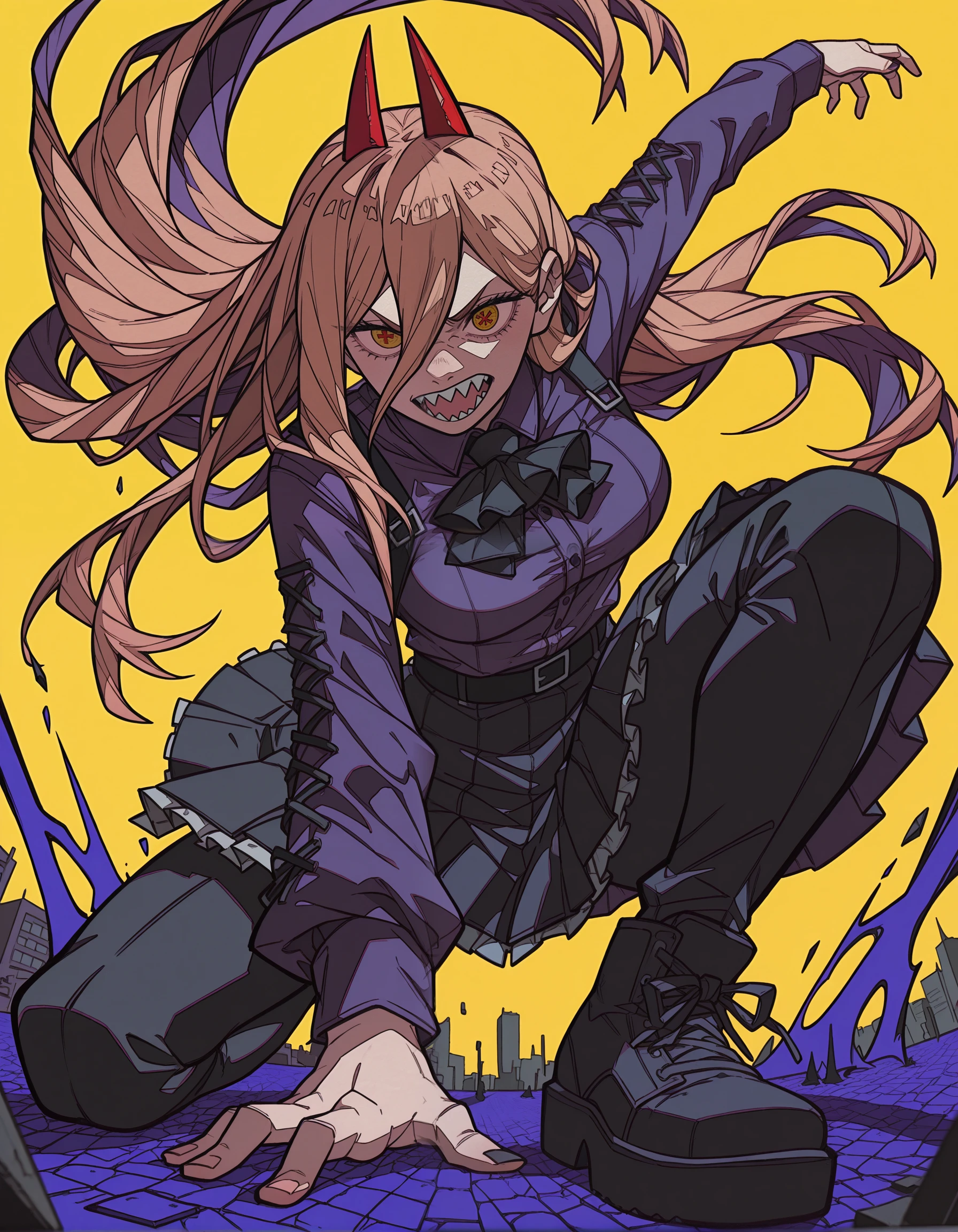incredibly absurdres, masterpiece, absurdres, high quality,7A3IFRHPR_illu, <lora:hwm4to7A3IFRHPR:1>,power \(chainsaw man\), Anime-style,1girl, demonic girl, sharp teeth, button eyes, red and purple color scheme, vibrant colors,neon yellow background, dynamic pose, aggressive expression, gothic fashion, dark fantasy, detailed illustration, high contrast, bold outlines, surreal, unsettling, pop art influence, urban street art style,abstract element,