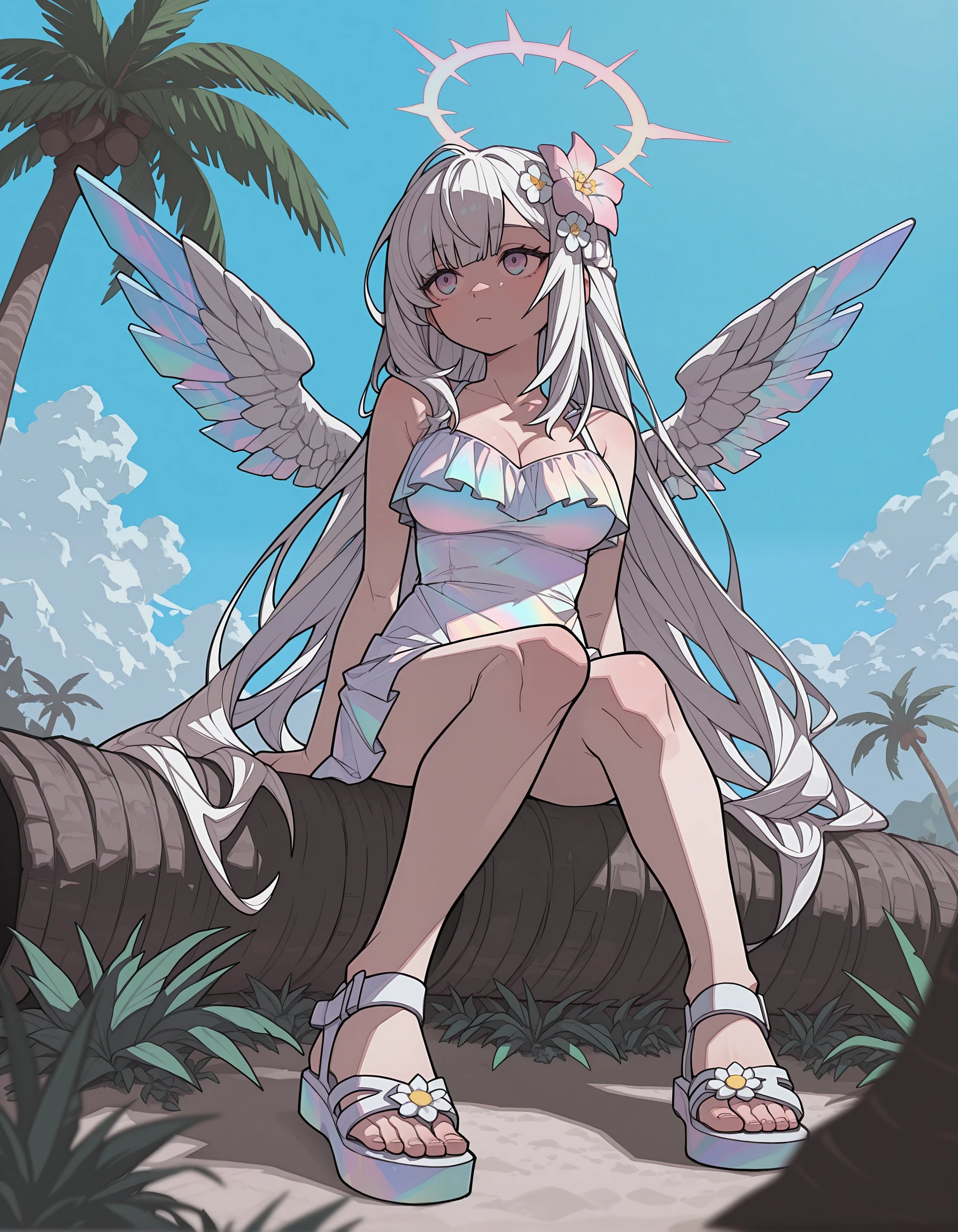 incredibly absurdres, masterpiece, absurdres, high quality,7A3IFRHPR_illu, <lora:hwm4to7A3IFRHPR:1>,girl, hair ornament, wings, hair flower, flower, solo, long hair, sitting, white hair, palm tree, halo, sandals, tree, bangs, outdoors,pastel colors, iridescent, blurry, soft_light,sunny,scenery, depth of field,