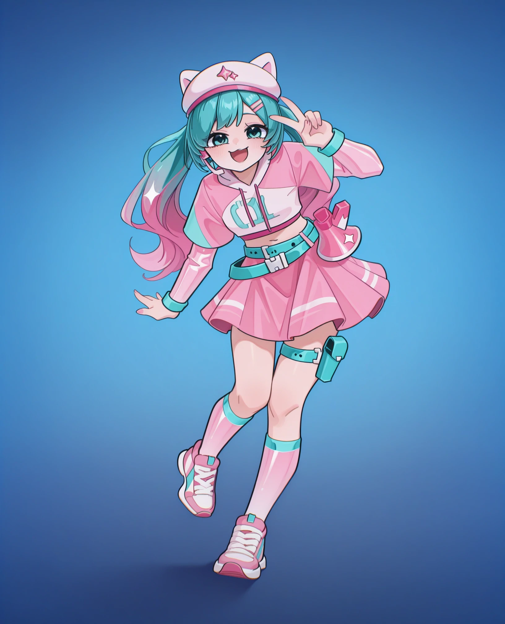 1girl, solo, hatsune miku,
neko miku (fortnite),
animal ear headwear, cat hat, long hair, multicolored hair, gradient hair, twintails, pink headset, hairclip layered sleeves, short over long sleeves, pink long sleeves, cropped hoodie, drawstring, hood down, midriff, aqua wristband,  aqua belt, (megaphone on belt:1.05), pink skirt, thigh strap, pink kneehighs, sneakers, 
hand up, v, open mouth, happy, looking at viewer, full body, dynamic pose, 
akita, blue background, gradient background, 
safe, newset,
masterpiece, best quality, amazing quality,
 <lora:[Illustrious]_Neko_&_Brite_Miku_(Fortnite)_v2_(MikuMasterRace):1.1500000000000001> <lora:akita:1.1500000000000001>