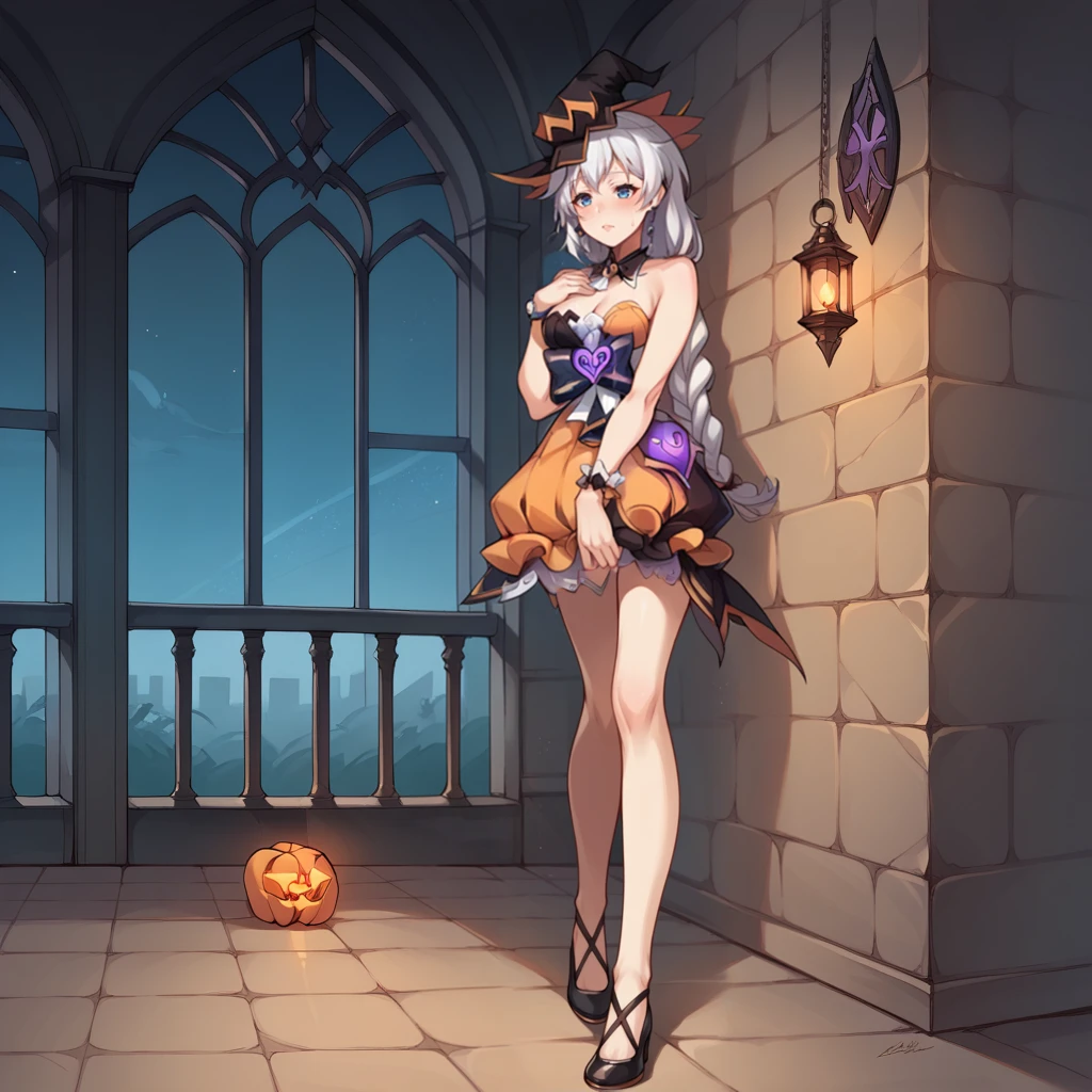 score_9_up, score_8_up, score_7_up, source_anime, 1girl, solo, gothic interior, dark castle, window, gothic style, candles, indoors, stone bricks, dimmed light, holding lantern, detailed background, hand on chest, nervous, sweat on face, night, night sky, night time, starry sky, window, walking, full body, full body, foreshortening, from below, angled shot, KalKas, Fol002, Kk_Pmp, white hair, long hair, braided ponytail, jack-o'-lantern, blue eyes, halloween costume, strapless dress, bubble skirt, two-tone dress, orange dress, black dress, witch hat, detached collar, white ascot, frilled skirt, layered skirt, alt jewelry, cleavage, purple heart (symbol), pumpkin, single bracelet, orange single glove, single frilled wrist cuff, earrings, leg ornament, black high heels