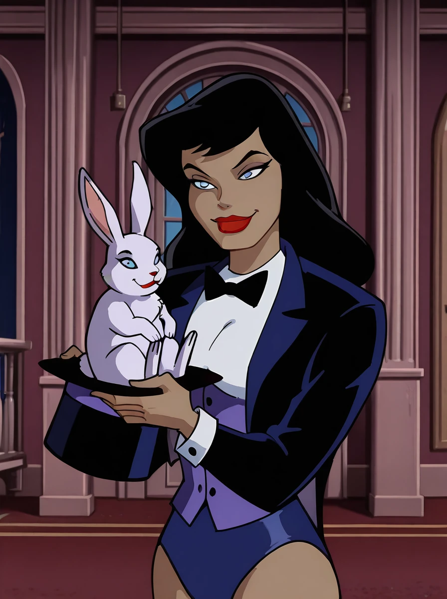 <lora:Zatanna_-_Batman_Animated_Illustrious_v2:0.9>, <lora:takeda_hiromitsu_style_illustrious_goofy:0.6>, <lora:dcau234-illu3_r1:0.3>, zanbtas, holding hat, holding rabbit, bright blue eyes, black hair, tuxedo jacket, white shirt, purple cummerbund, black bowtie, blue bikini bottom, smile, lipstick, makeup, red lips, interior, mansion