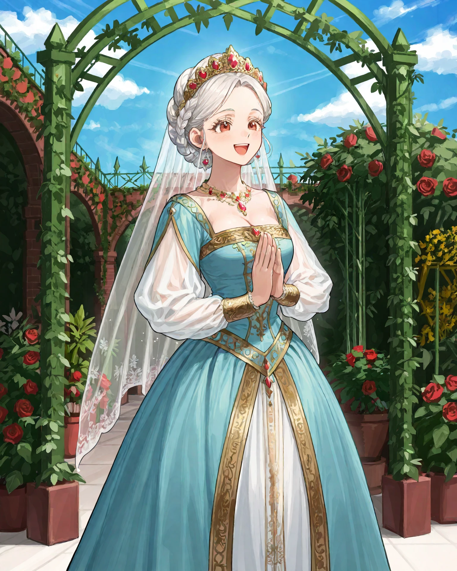1girl, wearing medfa, medfa clothing, waist-up, updo, excited, joyful, energetic, clapping hands together, rose garden, trellis arch, delicate pearls, beautiful sky, long lashes, extremely detailed clothing, jacquard fabric, gold embroidery, gentle eyes, masterpiece, highest quality, absurdres, digital art, very detailed, 8k, best quality, high resolution, <lora:Medieval_Fashion_Illustrious:1.1>, <lora:Nanika__CoreleSSmoter_style_lora_Illust:1> nanika /(nnkgh/)