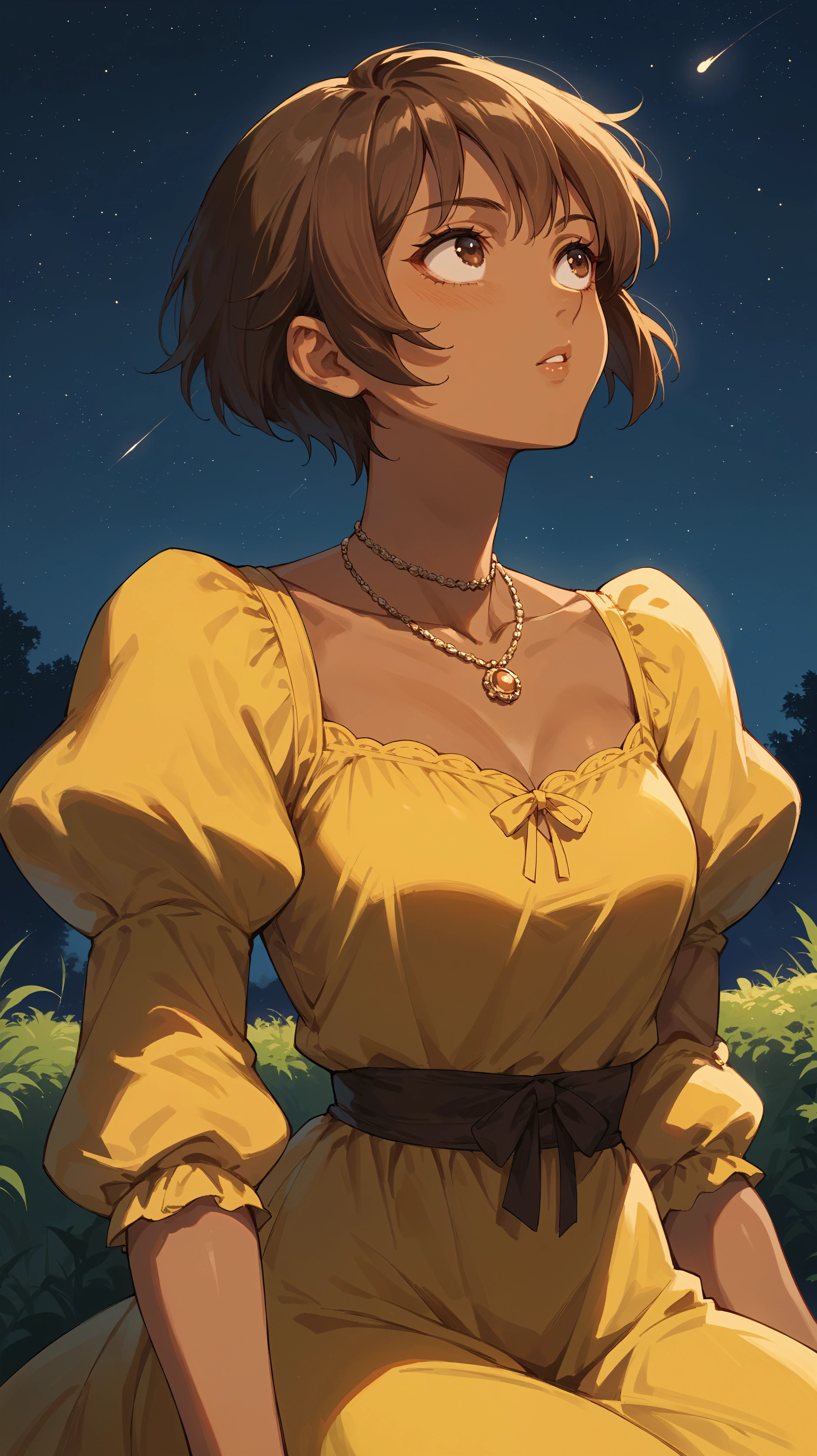 score_9,score_8_up,score_7_up,score_6_up, <lora:xl_more_art-full_v1:0.5>, source_anime, girl, dynamic pose, dorsiflexion, <lora:Casca - Pony-000004:0.8>, short hair, brown hair, dark skin, brown eyes, yellow dress, puffy sleeves, necklace, night sky, looking up, stargazing,