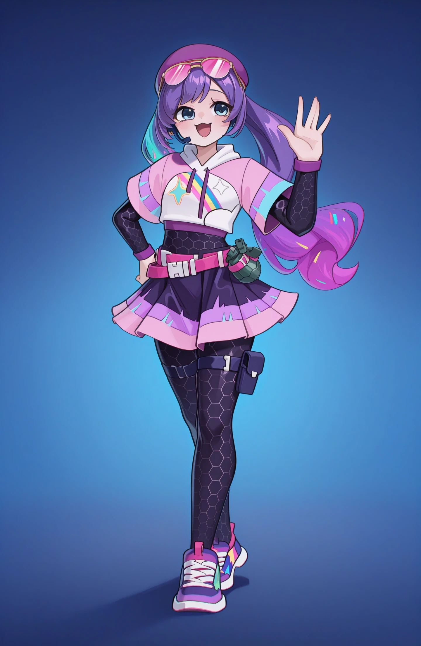 1girl, solo, hatsune miku,
brite miku (fortnite),
purple beret, long hair, multicolored hair, gradient hair, twintails, headset, sunglasses, pink tinted eyewear, eyewear on headwear, layered sleeves, short over long sleeves, purple wristband, rainbow print, cropped hoodie, midriff, bodysuit under clothes, hexagon print, drawstring, hood down, pink belt, (grenade on belt:1.05),  pouch, pleated skirt, dark pantyhose, dark purple thigh strap,purple sneakers, 
hand on own hip, open mouth, happy, looking at another, full body,  dynamic pose, 
akita, blue background, gradient background, 
safe, newset,
masterpiece, best quality, amazing quality,
 <lora:[Illustrious]_Neko_&_Brite_Miku_(Fortnite)_v2_(MikuMasterRace):1.1500000000000001> <lora:akita:1.1500000000000001>